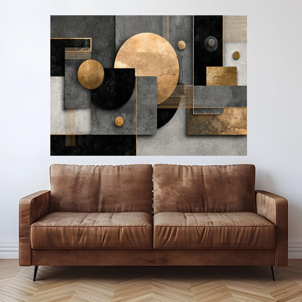 Modern Geometric Abstract Canvas Wall Art, Gold and Black Shapes, Minimalist Home Decor, Metallic Accents, Contemporary Canvas Design