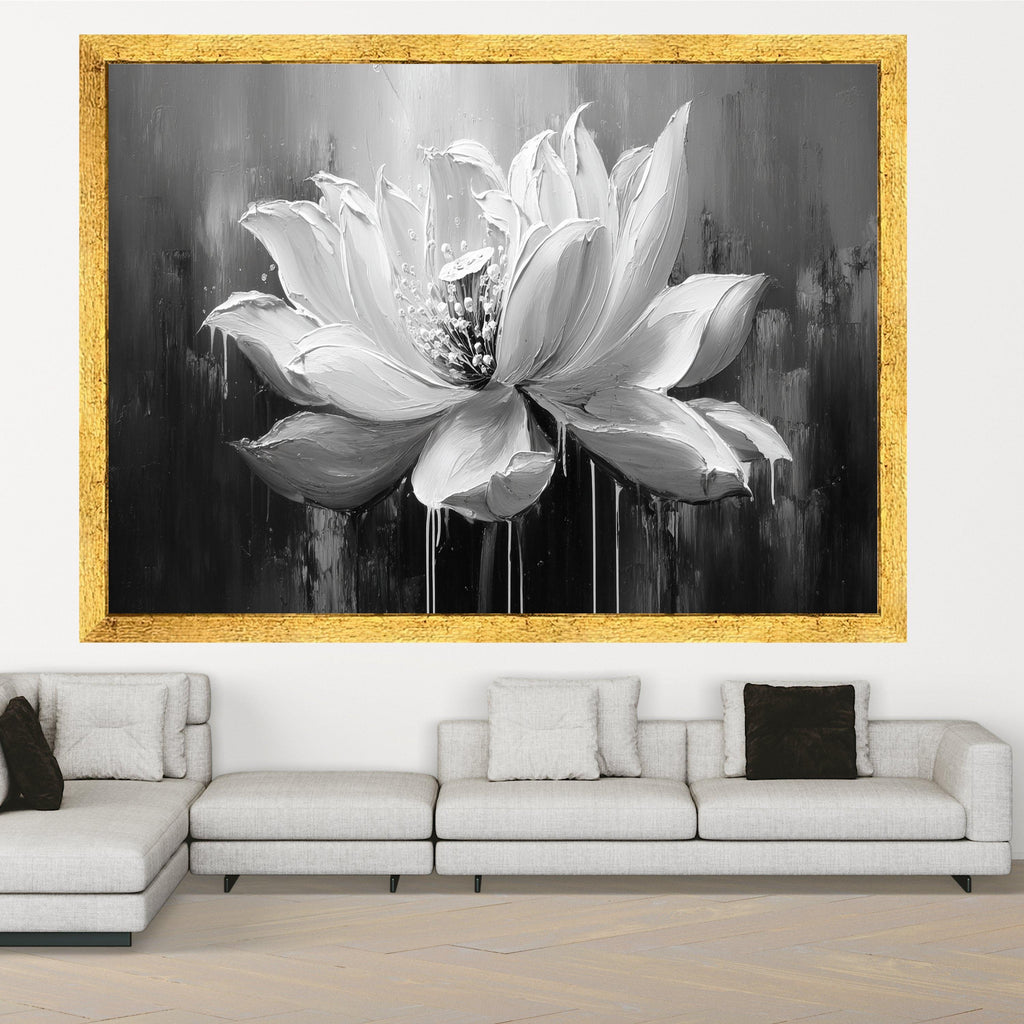 Monochrome Lotus Bloom Canvas, Floral Wall Art, Black and White Flower Painting, Modern Home Decoration Canvas