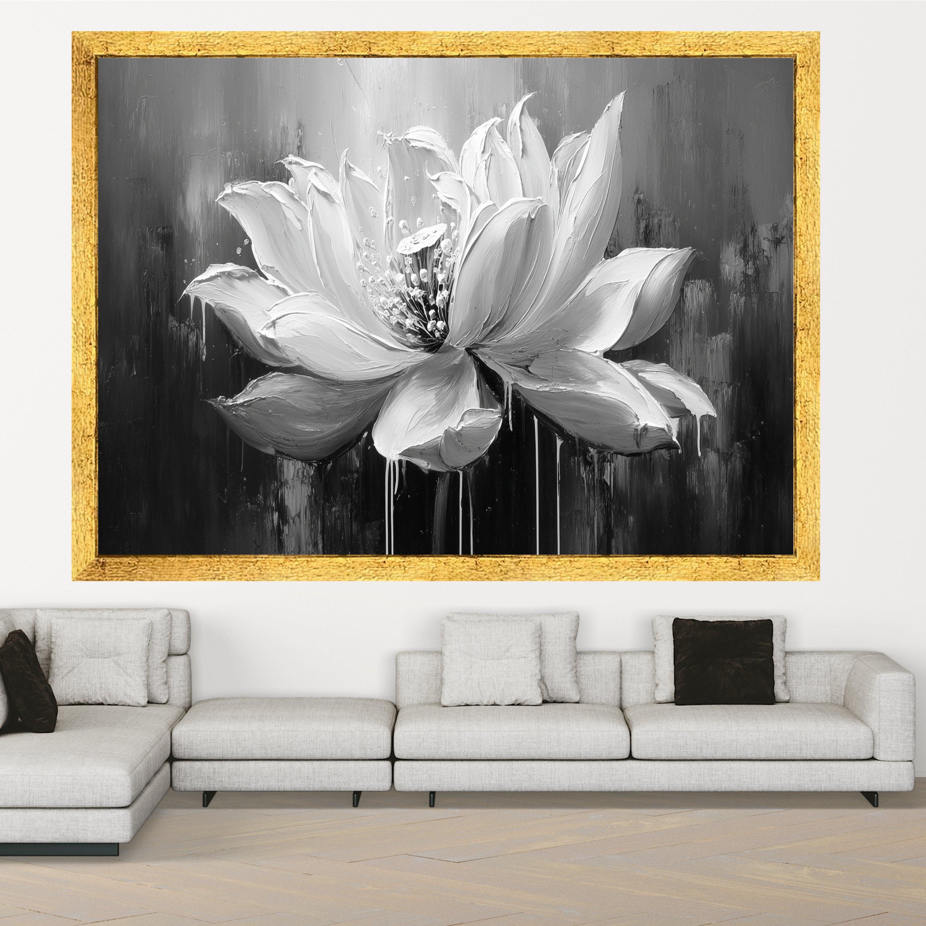 Monochrome Lotus Bloom Canvas, Floral Wall Art, Black and White Flower Painting, Modern Home Decoration Canvas