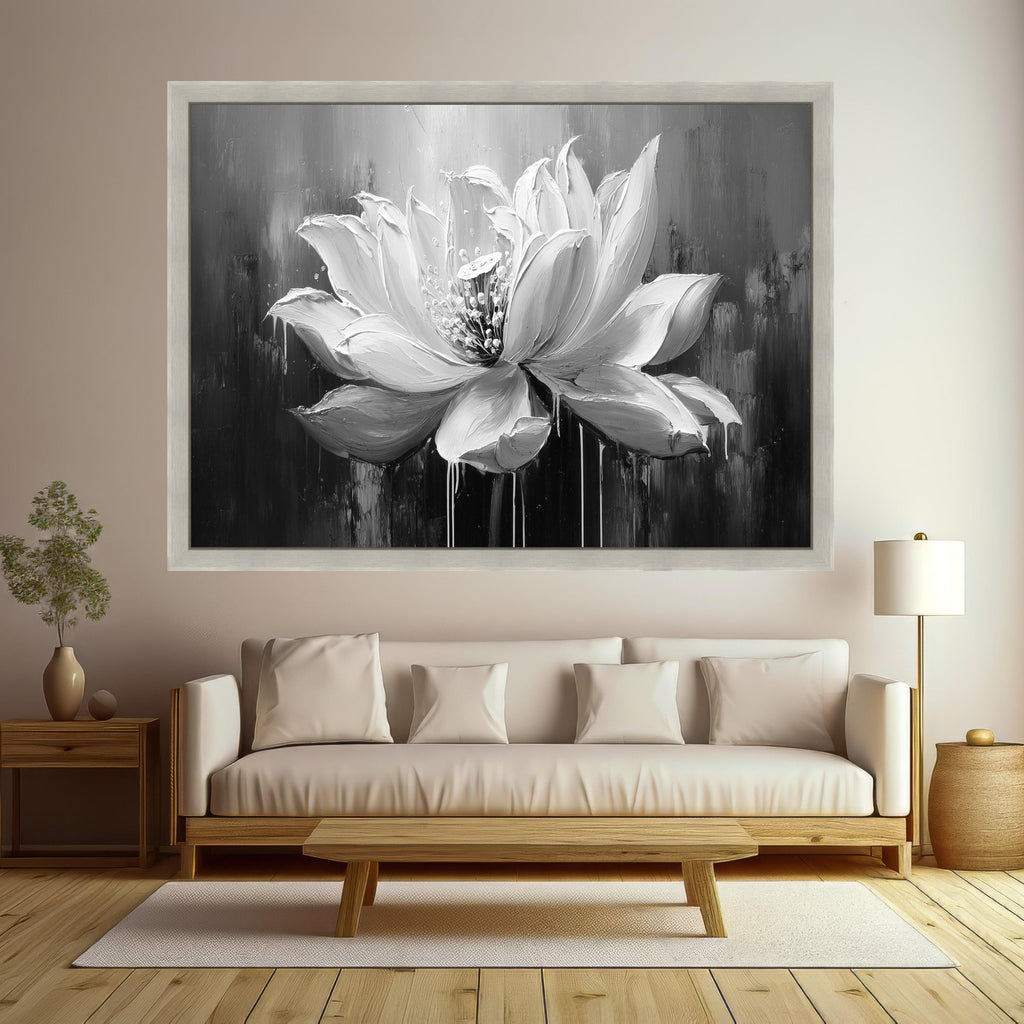 Monochrome Lotus Bloom Canvas, Floral Wall Art, Black and White Flower Painting, Modern Home Decoration Canvas