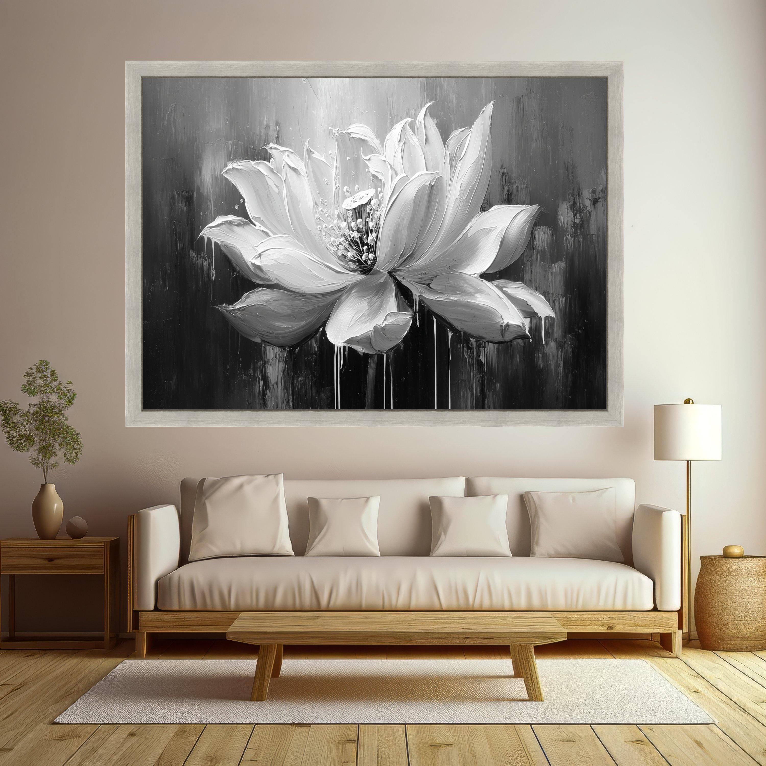 Monochrome Lotus Bloom Canvas, Floral Wall Art, Black and White Flower Painting, Modern Home Decoration Canvas