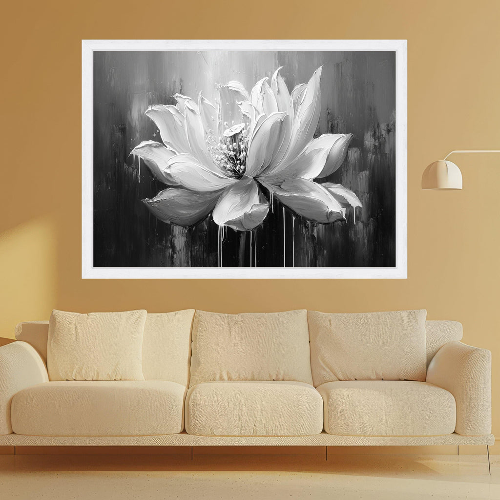 Monochrome Lotus Bloom Canvas, Floral Wall Art, Black and White Flower Painting, Modern Home Decoration Canvas
