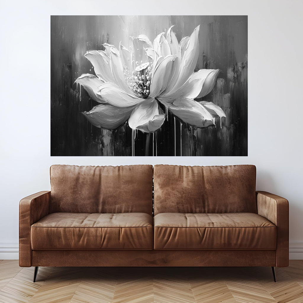 Monochrome Lotus Bloom Canvas, Floral Wall Art, Black and White Flower Painting, Modern Home Decoration Canvas