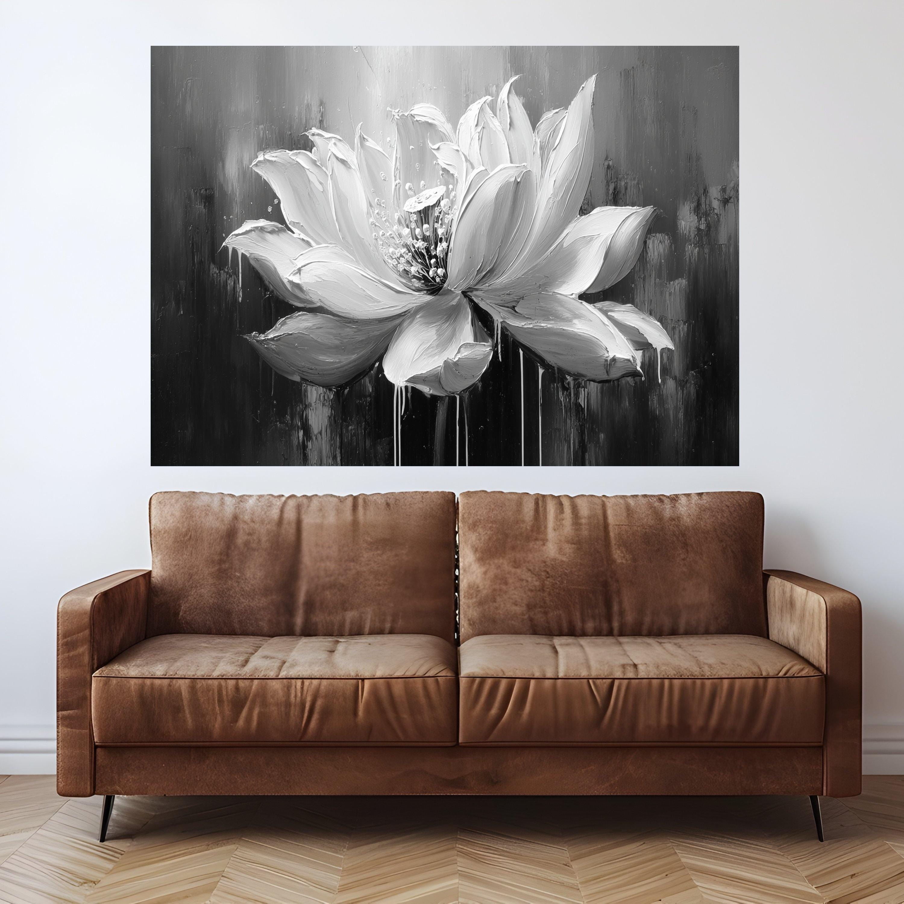 Monochrome Lotus Bloom Canvas, Floral Wall Art, Black and White Flower Painting, Modern Home Decoration Canvas