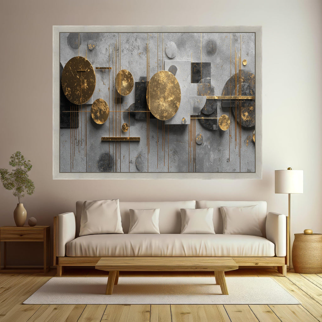 Modern Abstract Geometric Canvas Wall Art, Gold and Gray Circle Design, Contemporary Home Decoration, Ready to Hang Artwork