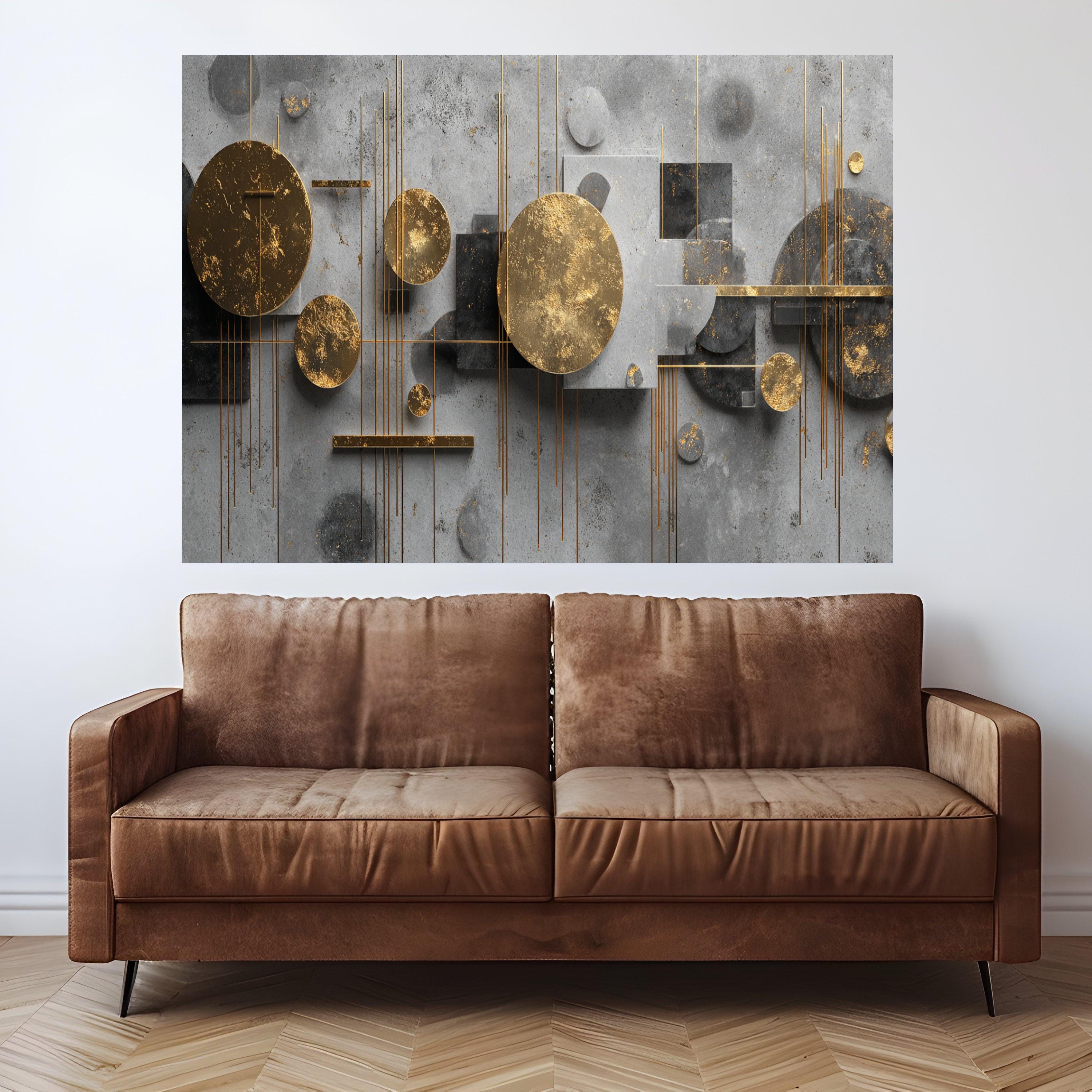 Modern Abstract Geometric Canvas Wall Art, Gold and Gray Circle Design, Contemporary Home Decoration, Ready to Hang Artwork