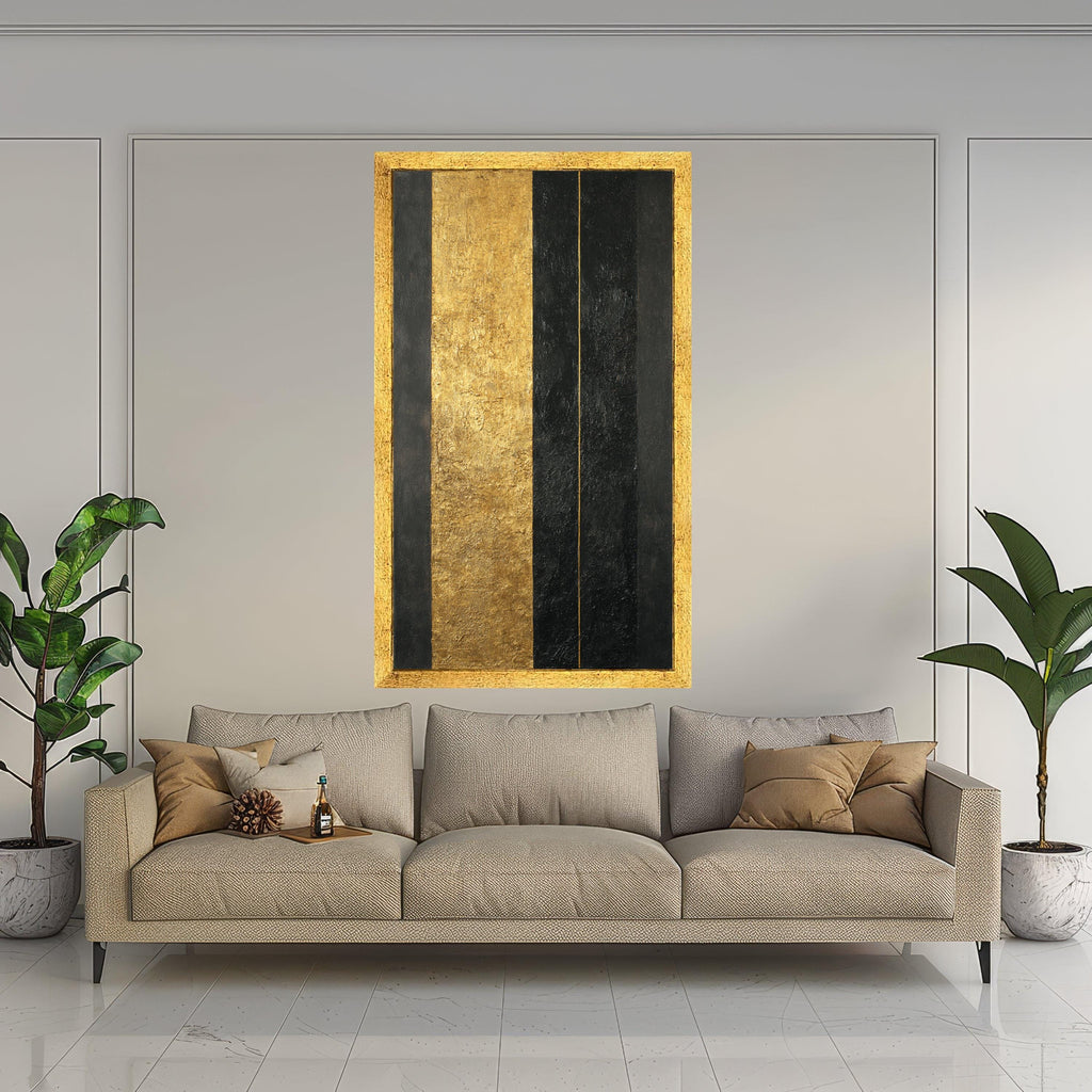 Modern Abstract Gold and Black Canvas, Geometric Wall Art, Elegant Vertical Stripes, Contemporary Home Decoration, Ready to Hang