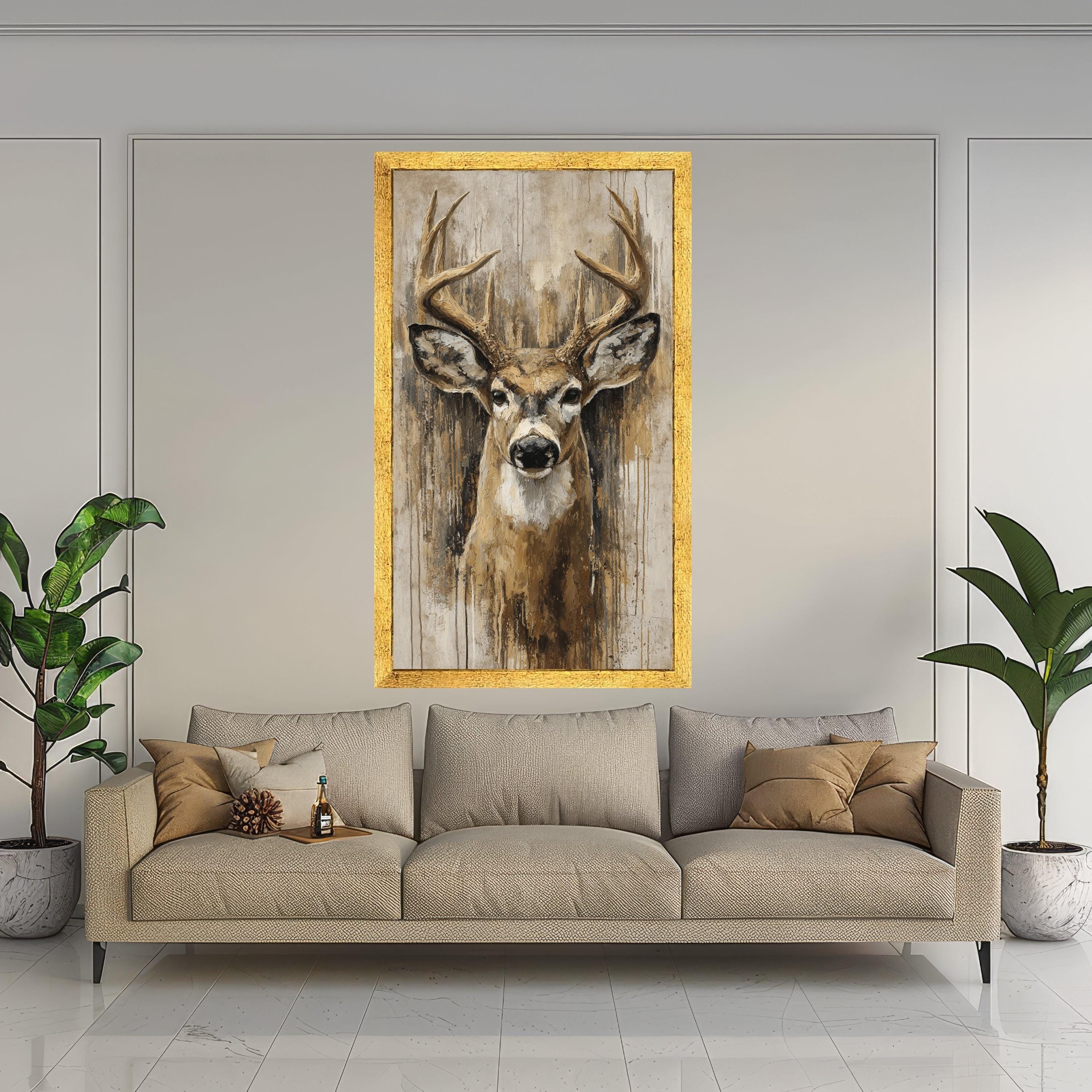 Majestic Deer Portrait Canvas, Rustic Wildlife Wall Art, Nature Animal Painting, Cabin Decor Canvas, Ready to Hang Deer Artwork