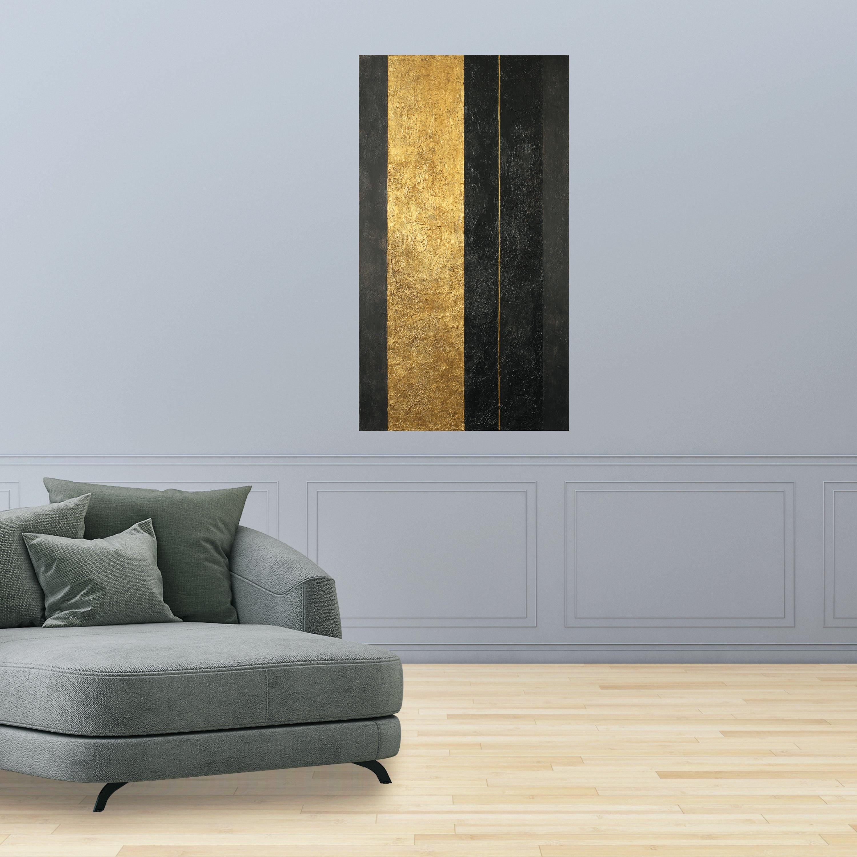 Modern Abstract Gold and Black Canvas, Geometric Wall Art, Elegant Vertical Stripes, Contemporary Home Decoration, Ready to Hang