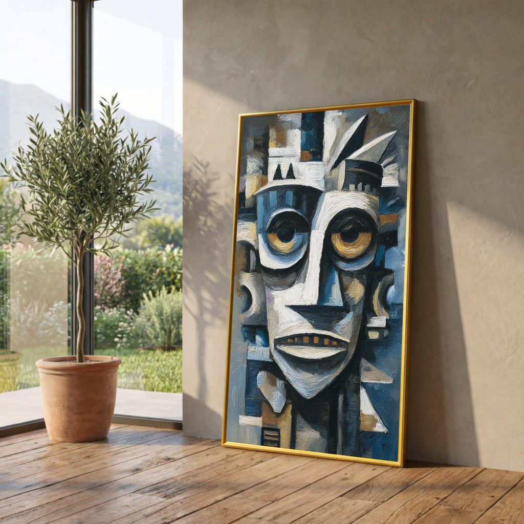 Abstract Tribal Mask Canvas, African Inspired Wall Art, Modern Cubist Face Painting, Blue and Brown Home Decor, Canvas Artwork