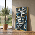Abstract Tribal Mask Canvas, African Inspired Wall Art, Modern Cubist Face Painting, Blue and Brown Home Decor, Canvas Artwork