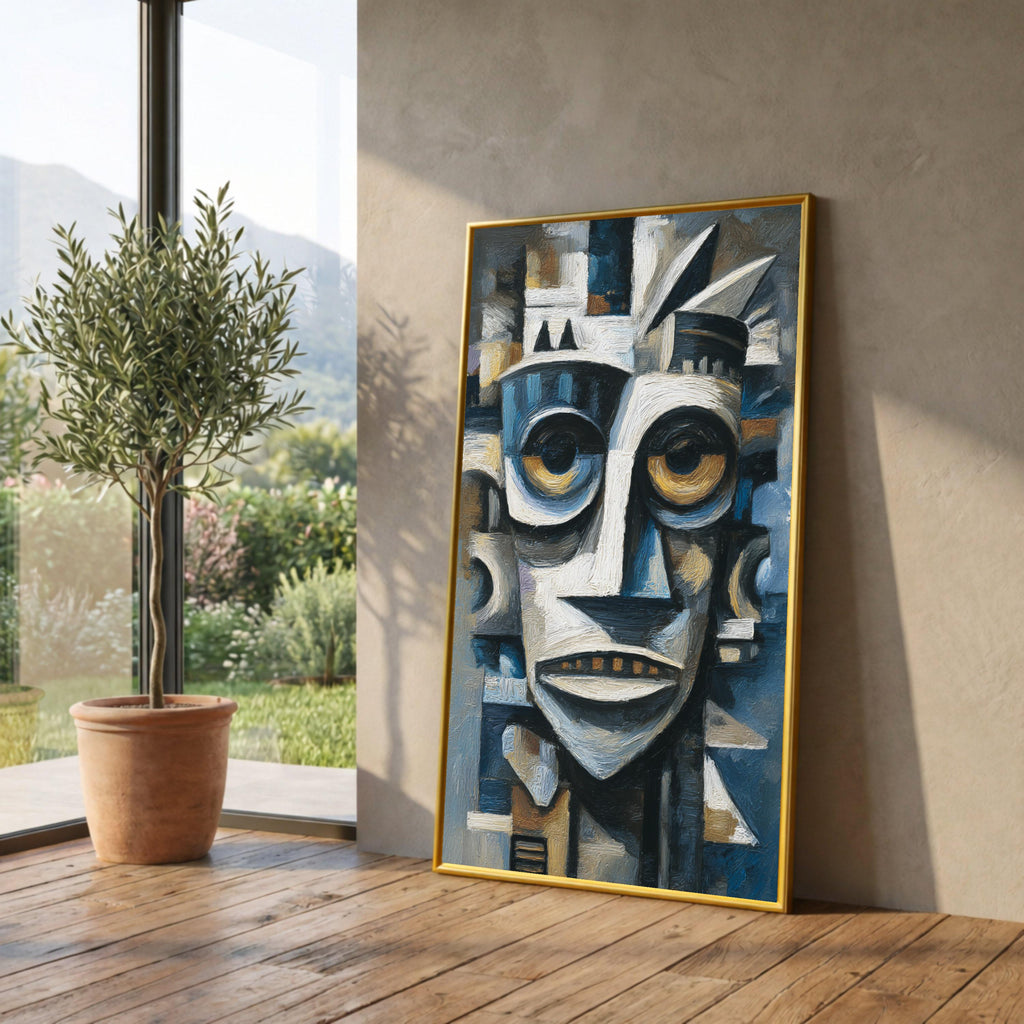 Abstract Tribal Mask Canvas, African Inspired Wall Art, Modern Cubist Face Painting, Blue and Brown Home Decor, Canvas Artwork