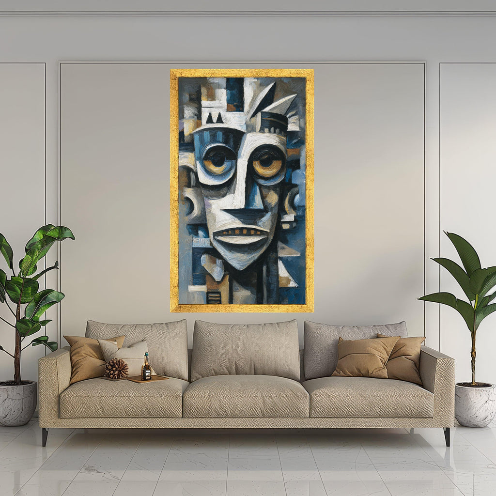 Abstract Tribal Mask Canvas, African Inspired Wall Art, Modern Cubist Face Painting, Blue and Brown Home Decor, Canvas Artwork