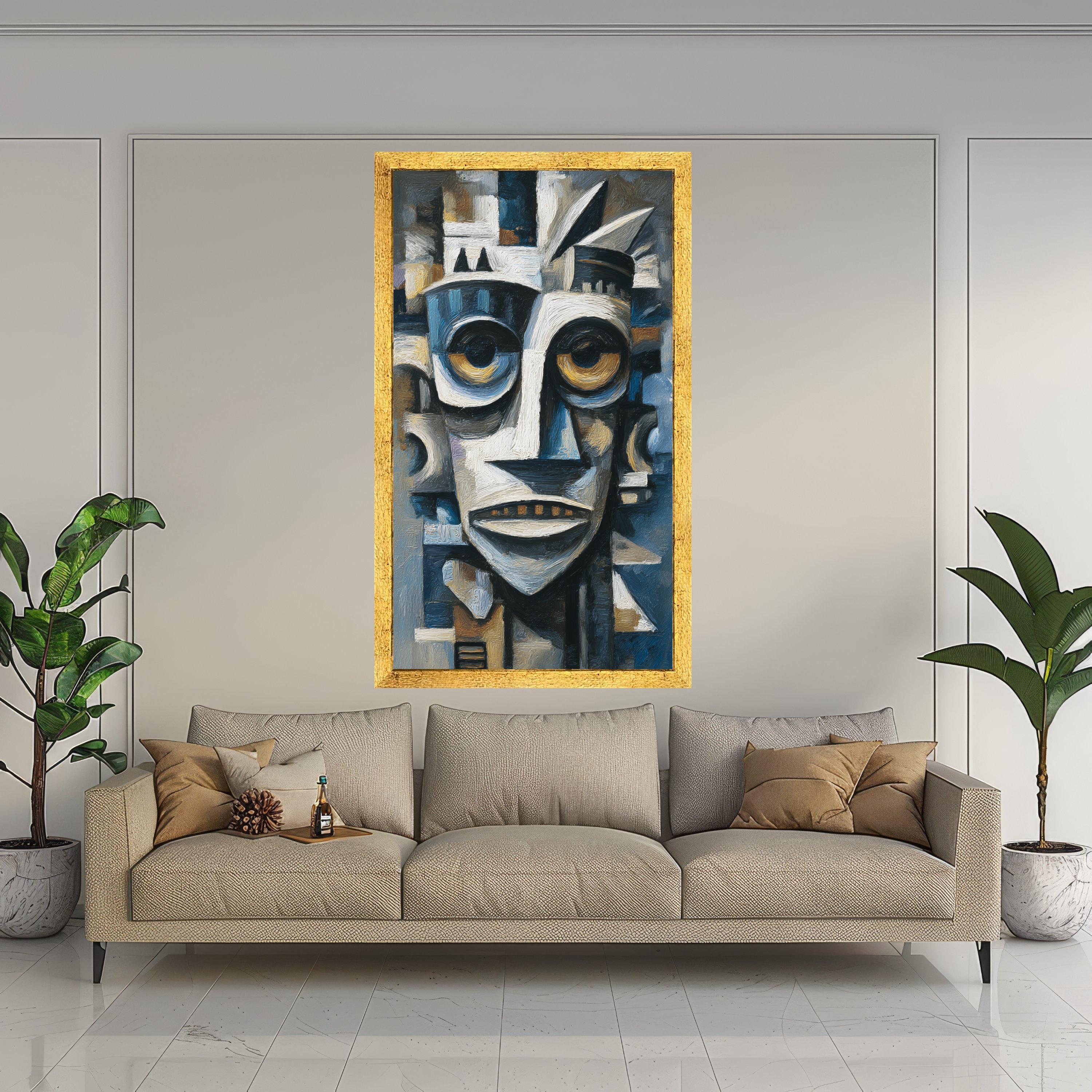 Abstract Tribal Mask Canvas, African Inspired Wall Art, Modern Cubist Face Painting, Blue and Brown Home Decor, Canvas Artwork