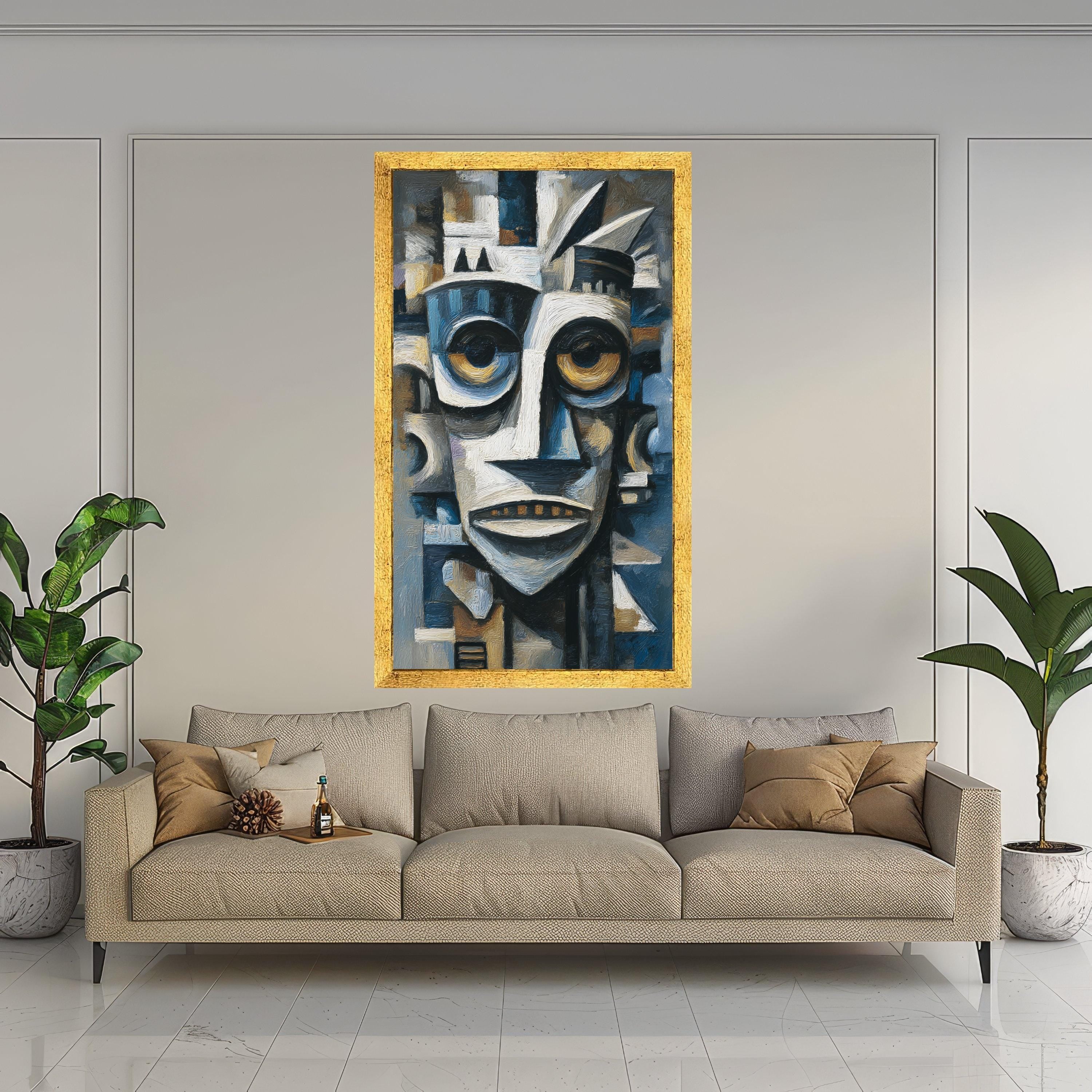 Abstract Tribal Mask Canvas, African Inspired Wall Art, Modern Cubist Face Painting, Blue and Brown Home Decor, Canvas Artwork