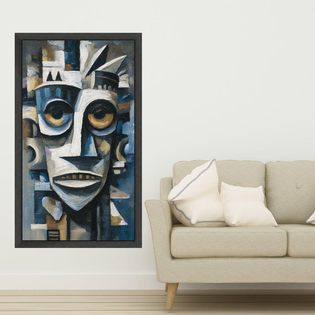 Abstract Tribal Mask Canvas, African Inspired Wall Art, Modern Cubist Face Painting, Blue and Brown Home Decor, Canvas Artwork