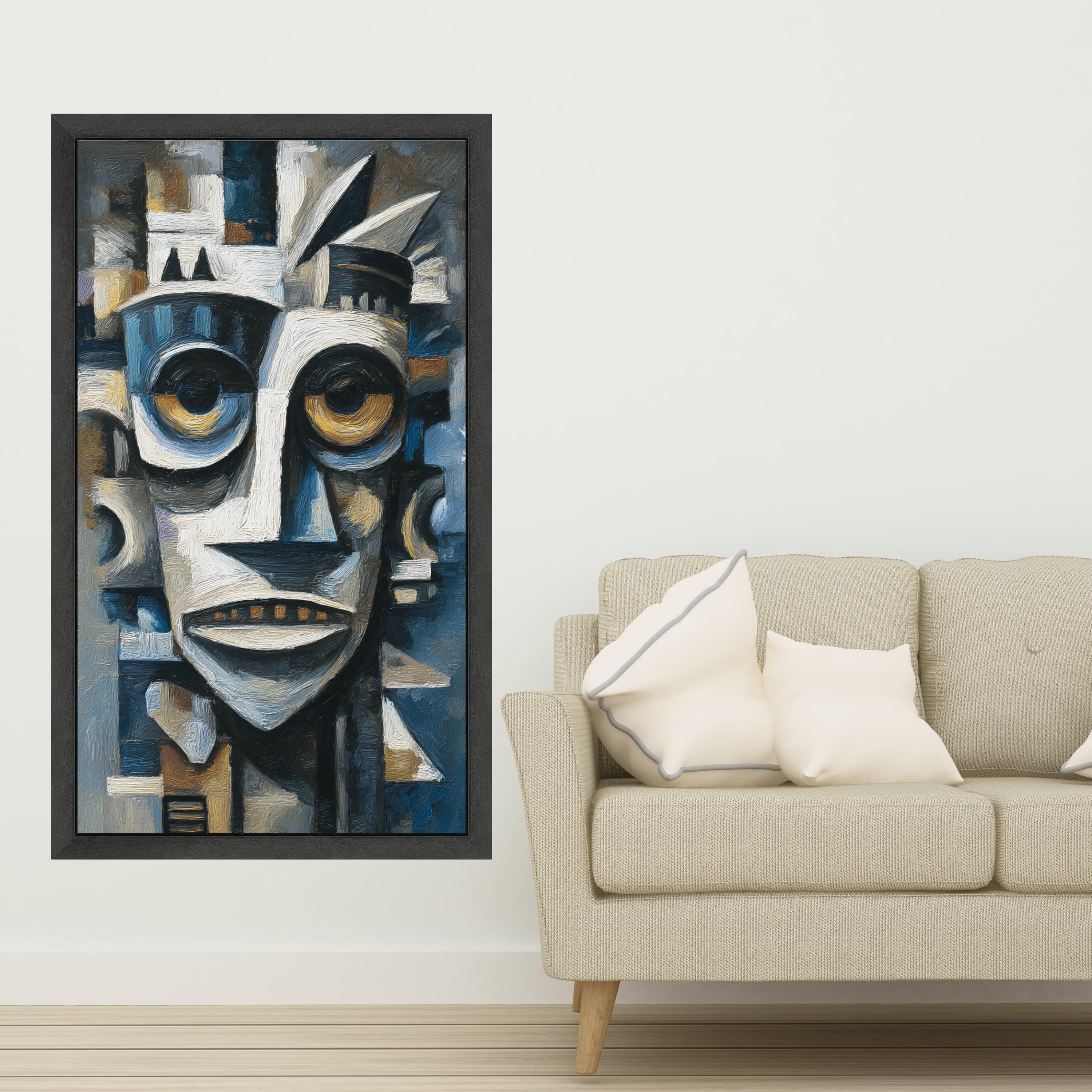 Abstract Tribal Mask Canvas, African Inspired Wall Art, Modern Cubist Face Painting, Blue and Brown Home Decor, Canvas Artwork