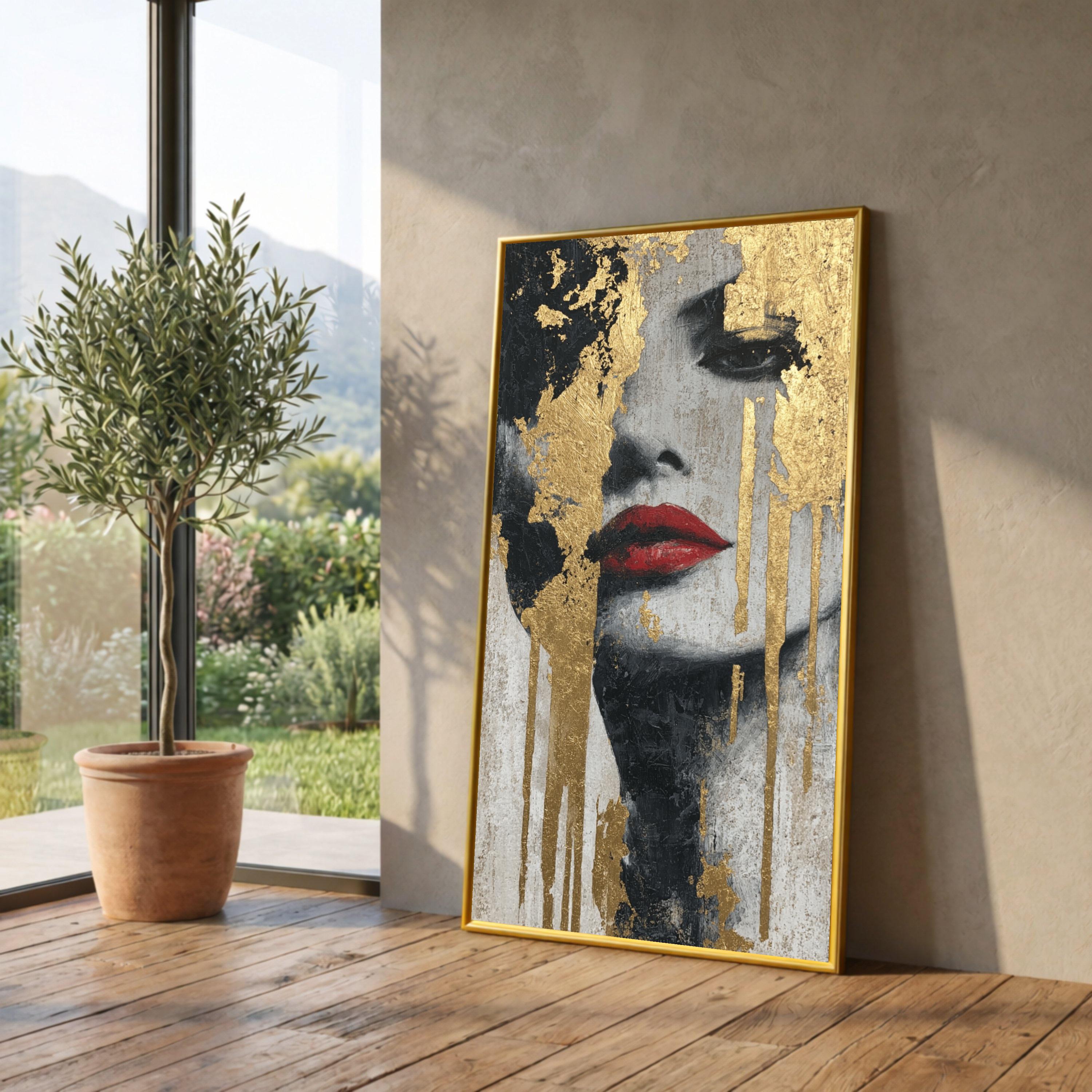 Abstract Female Portrait Canvas, Gold Leaf Wall Art, Red Lips Painting, Modern Decorative Canvas, Contemporary Face Art