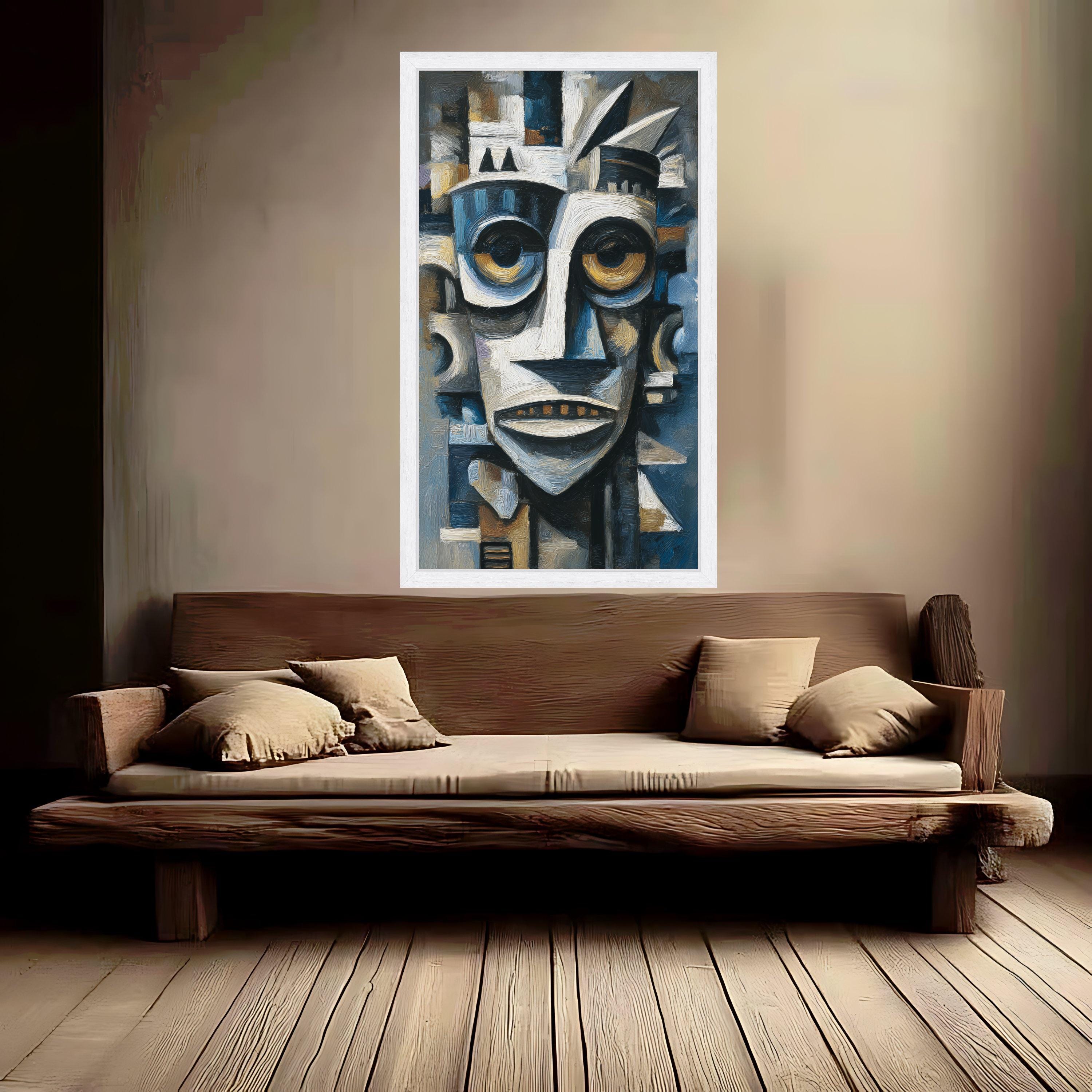 Abstract Tribal Mask Canvas, African Inspired Wall Art, Modern Cubist Face Painting, Blue and Brown Home Decor, Canvas Artwork