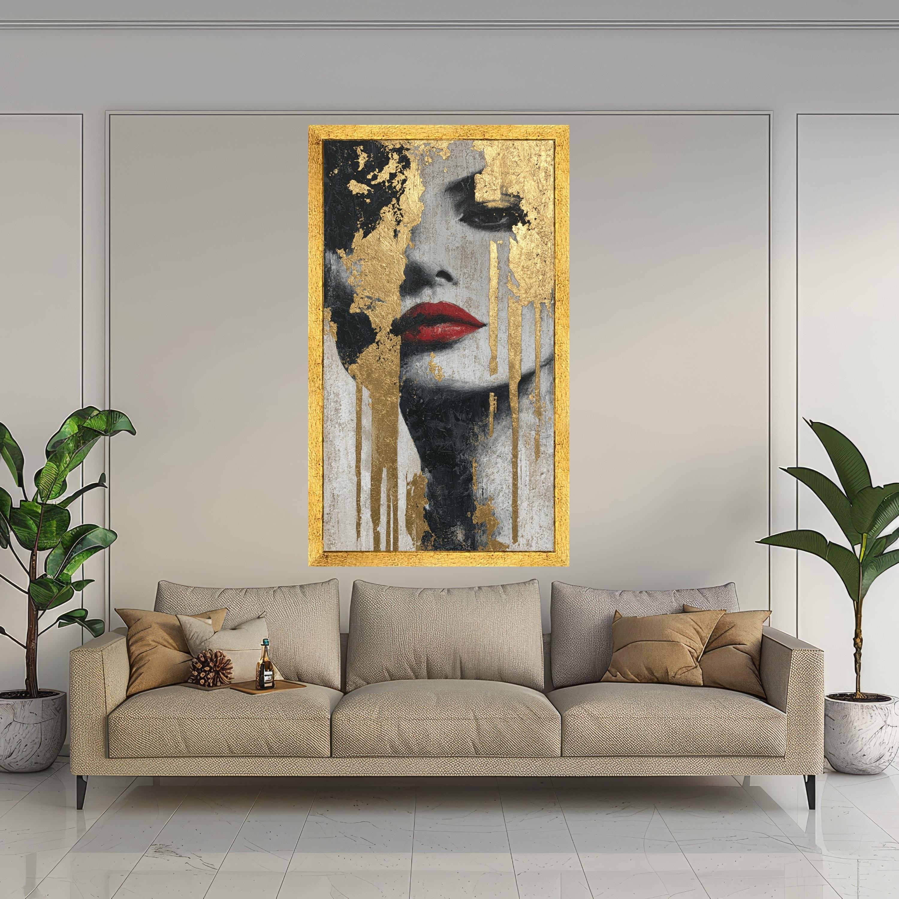 Abstract Female Portrait Canvas, Gold Leaf Wall Art, Red Lips Painting, Modern Decorative Canvas, Contemporary Face Art