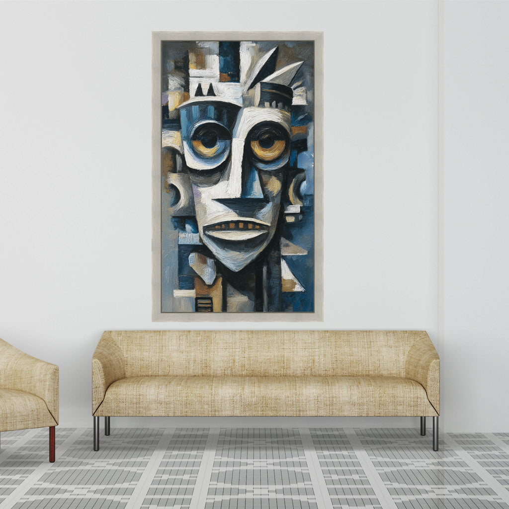 Abstract Tribal Mask Canvas, African Inspired Wall Art, Modern Cubist Face Painting, Blue and Brown Home Decor, Canvas Artwork
