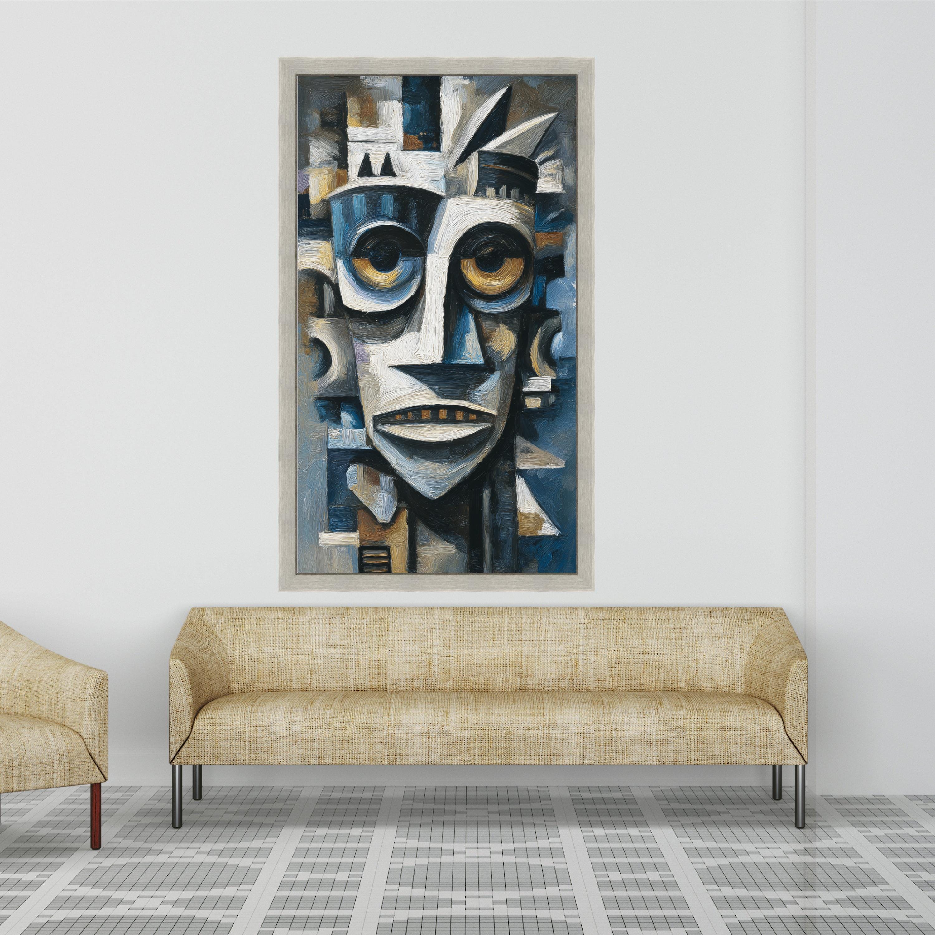 Abstract Tribal Mask Canvas, African Inspired Wall Art, Modern Cubist Face Painting, Blue and Brown Home Decor, Canvas Artwork
