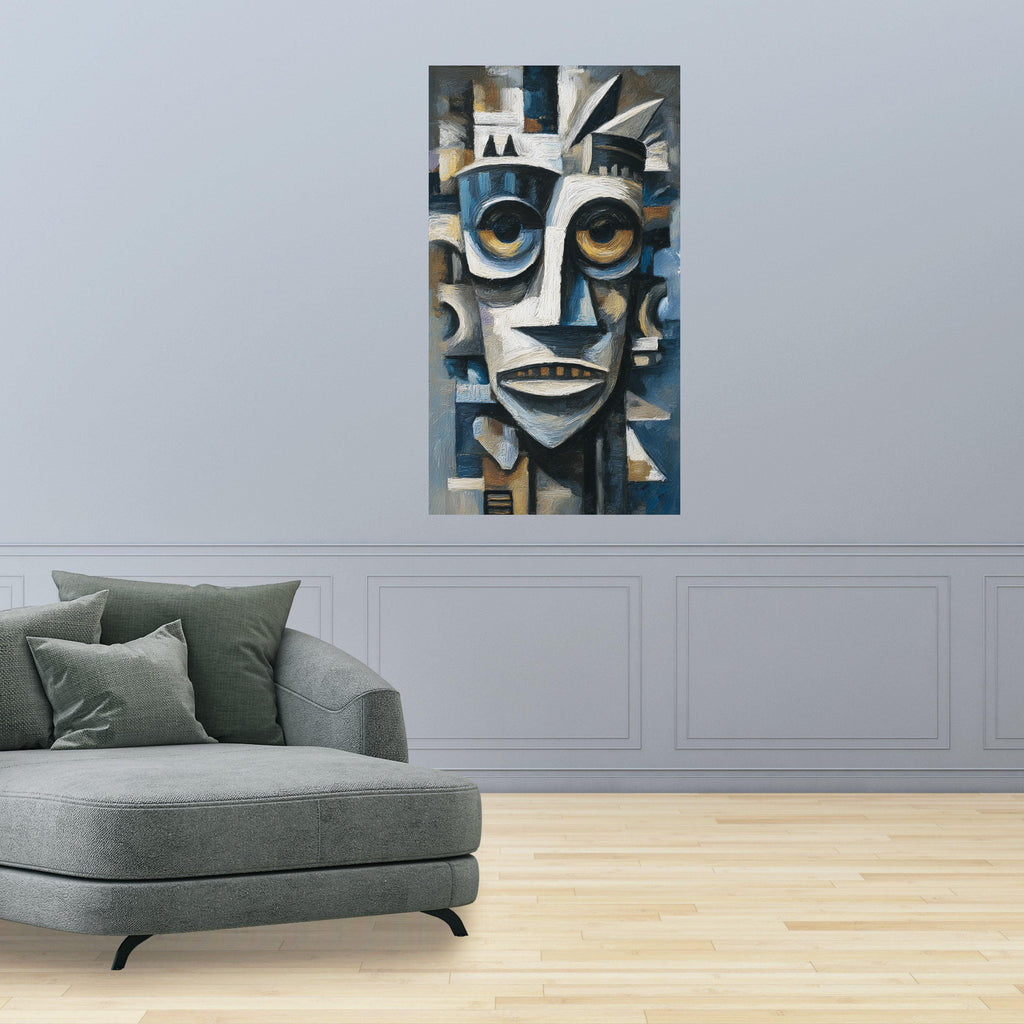 Abstract Tribal Mask Canvas, African Inspired Wall Art, Modern Cubist Face Painting, Blue and Brown Home Decor, Canvas Artwork