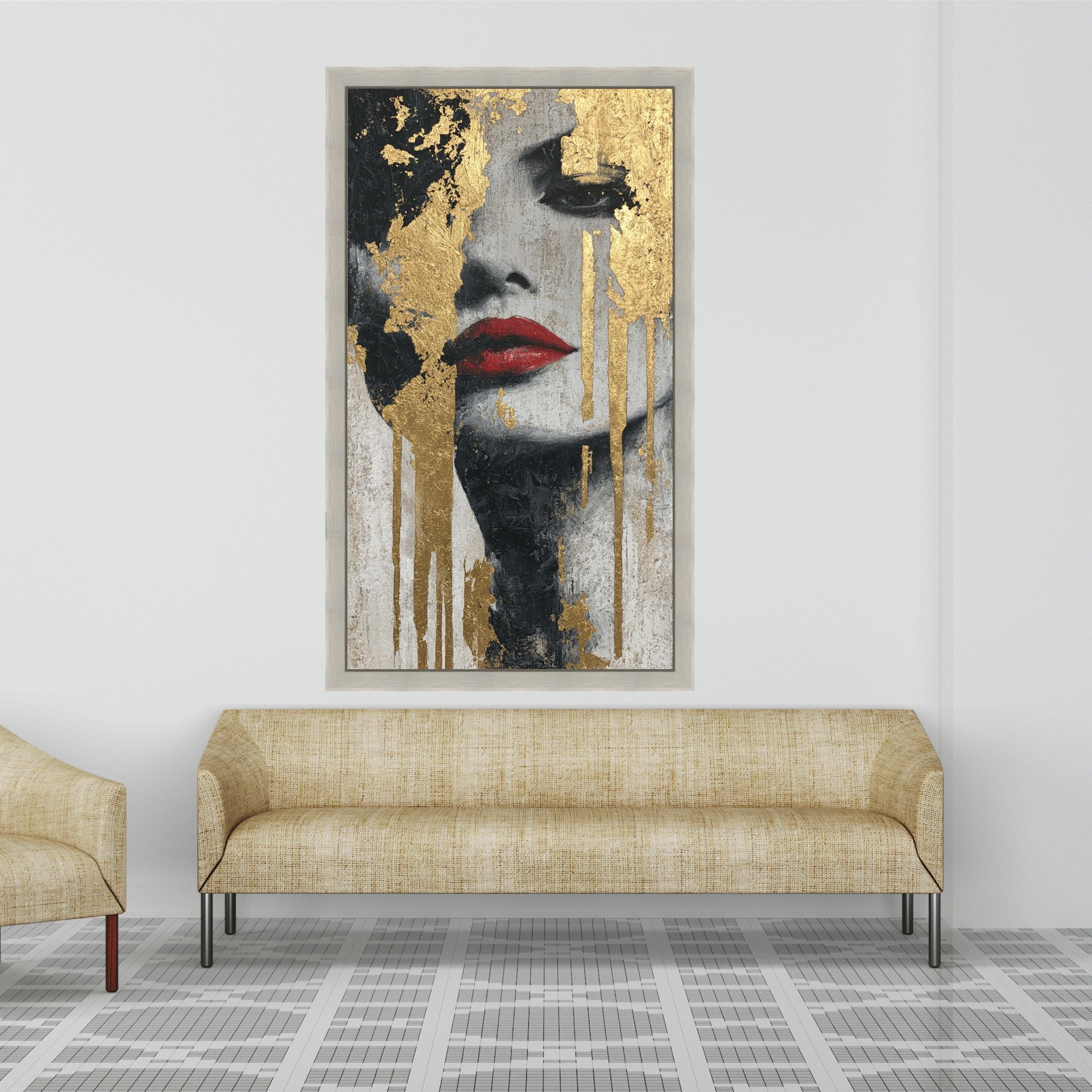 Abstract Female Portrait Canvas, Gold Leaf Wall Art, Red Lips Painting, Modern Decorative Canvas, Contemporary Face Art
