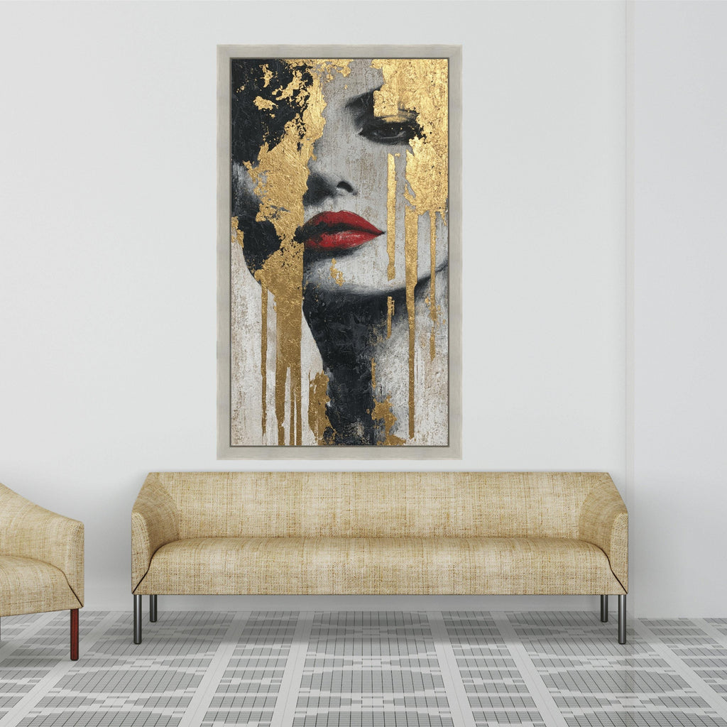 Abstract Female Portrait Canvas, Gold Leaf Wall Art, Red Lips Painting, Modern Decorative Canvas, Contemporary Face Art