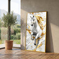 Majestic White Horse Canvas Wall Art, Abstract Gold Accents, Dynamic Equestrian Design, Modern Home Decor, Statement Canvas Print