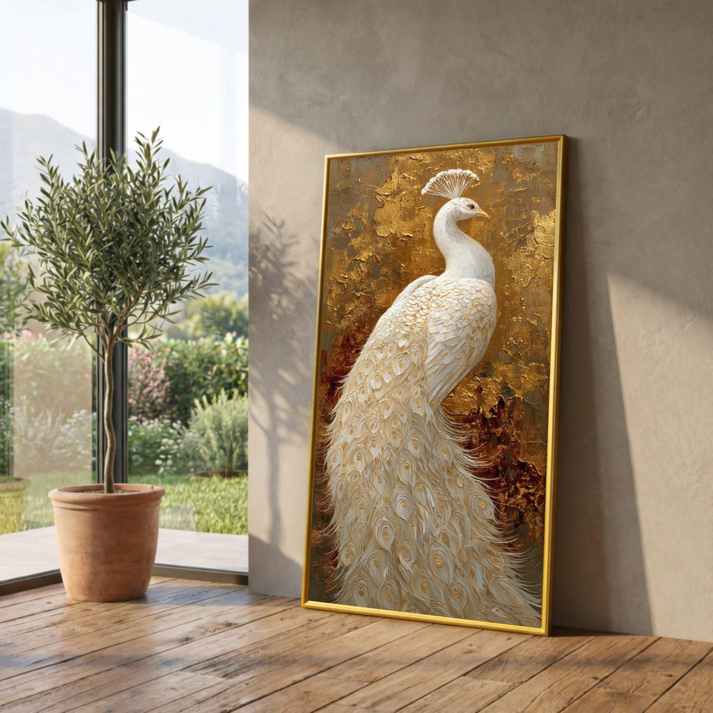Elegant White Peacock Canvas Wall Art, Gold Background, Luxury Bird Painting, Ornate Feather Detail, Home Decor Accent, Ready to Hang