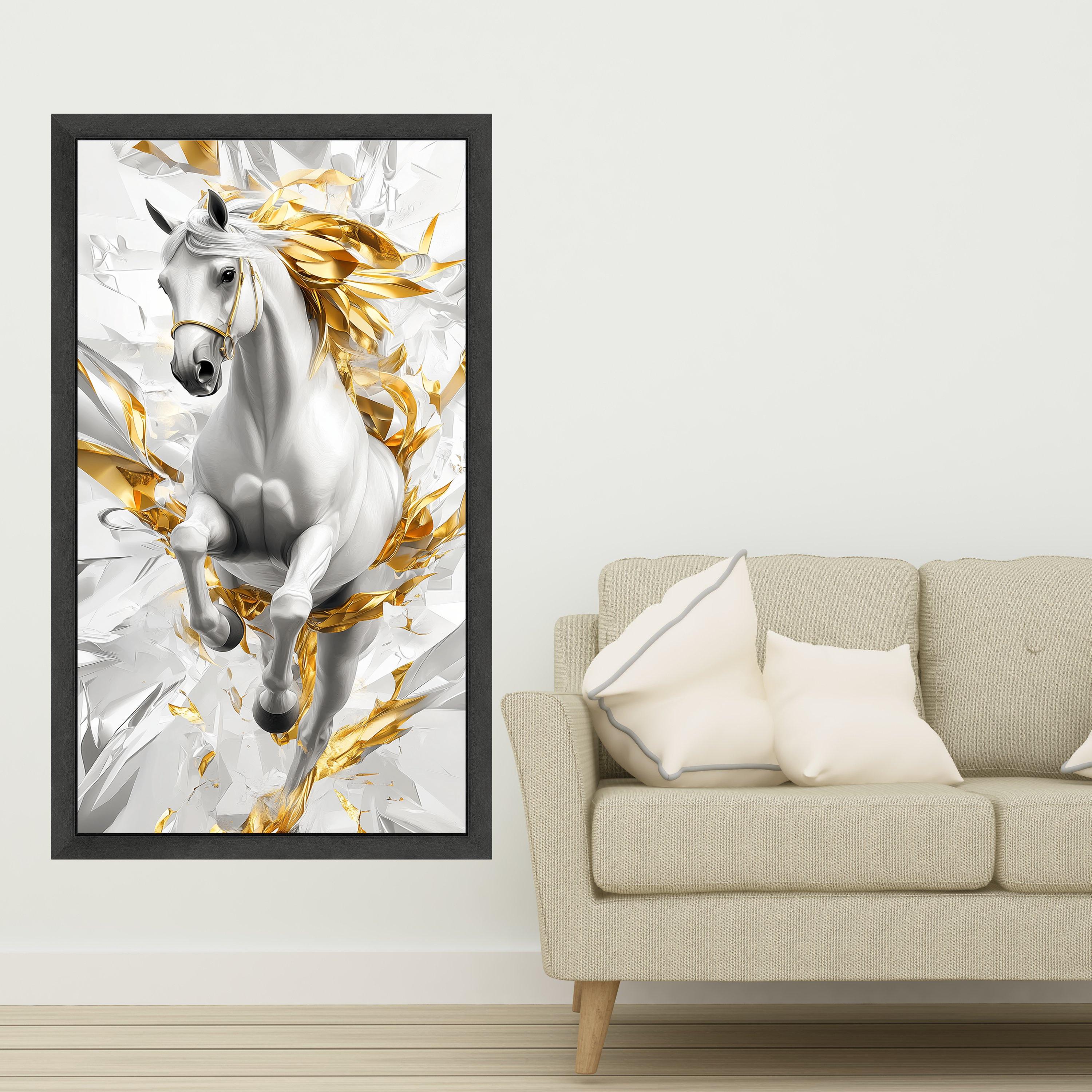 Majestic White Horse Canvas Wall Art, Abstract Gold Accents, Dynamic Equestrian Design, Modern Home Decor, Statement Canvas Print
