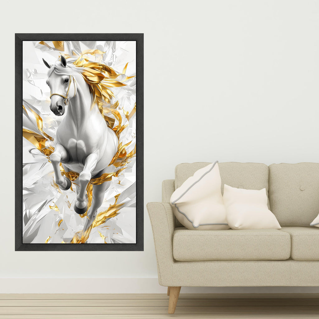 Majestic White Horse Canvas Wall Art, Abstract Gold Accents, Dynamic Equestrian Design, Modern Home Decor, Statement Canvas Print