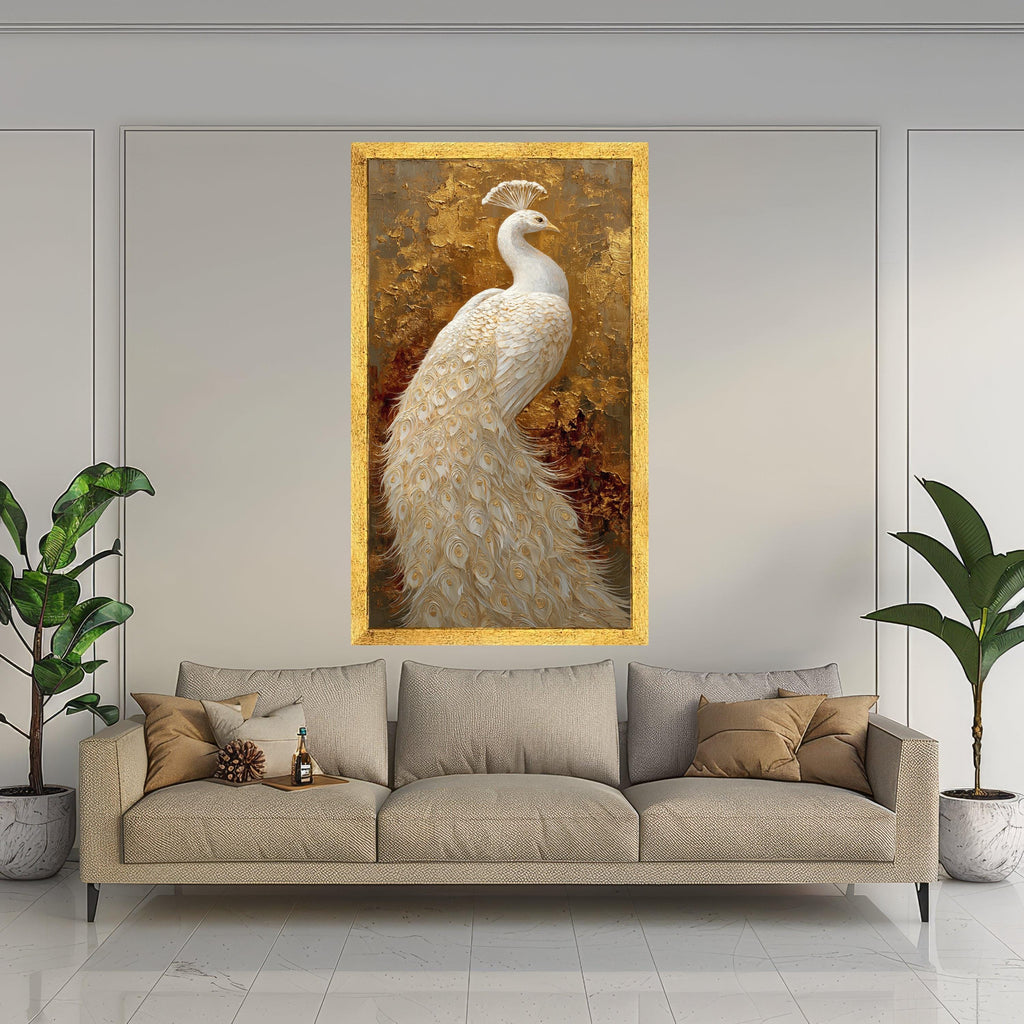 Elegant White Peacock Canvas Wall Art, Gold Background, Luxury Bird Painting, Ornate Feather Detail, Home Decor Accent, Ready to Hang