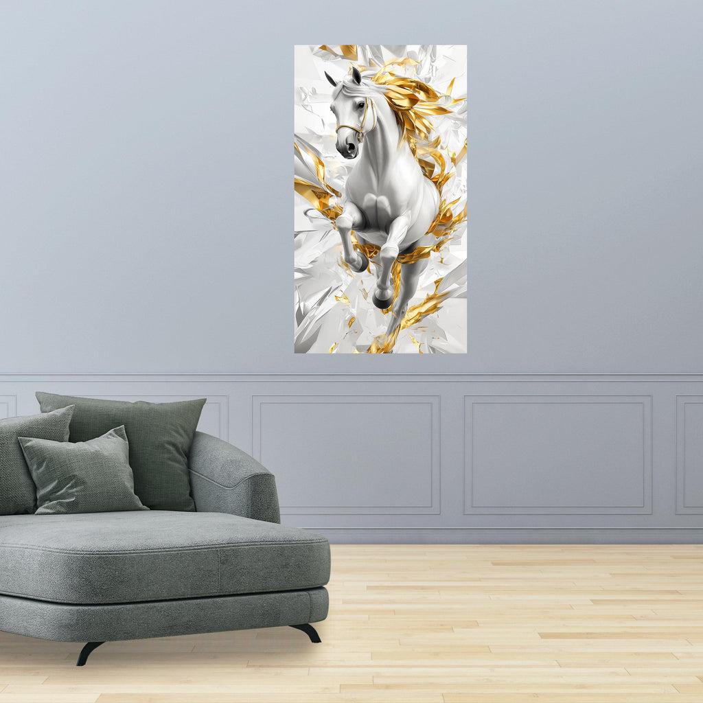 Majestic White Horse Canvas Wall Art, Abstract Gold Accents, Dynamic Equestrian Design, Modern Home Decor, Statement Canvas Print