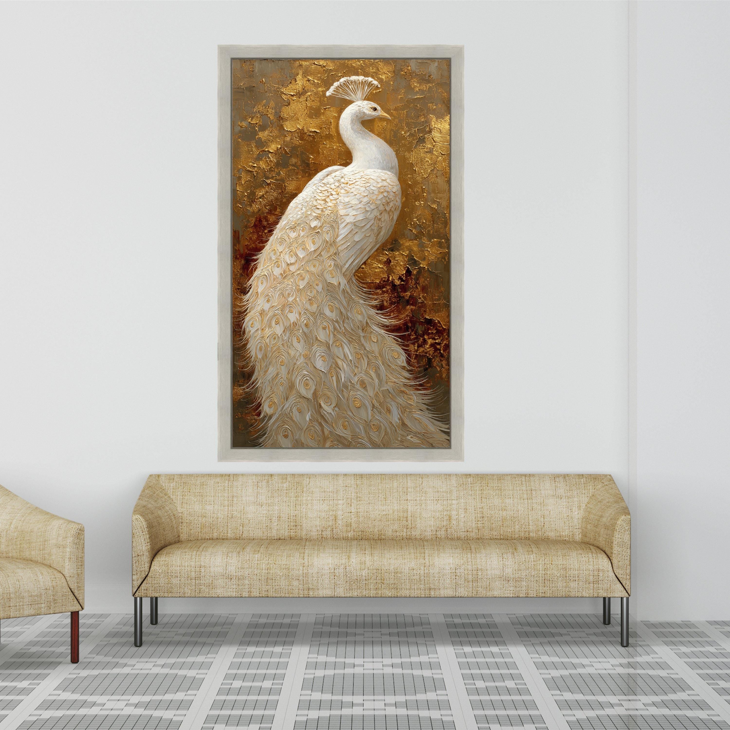 Elegant White Peacock Canvas Wall Art, Gold Background, Luxury Bird Painting, Ornate Feather Detail, Home Decor Accent, Ready to Hang