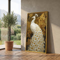 Elegant White Peacock Canvas Wall Art, Golden Feather Detail, Luxury Bird Painting, Nature Canvas, Ornate Home Decoration