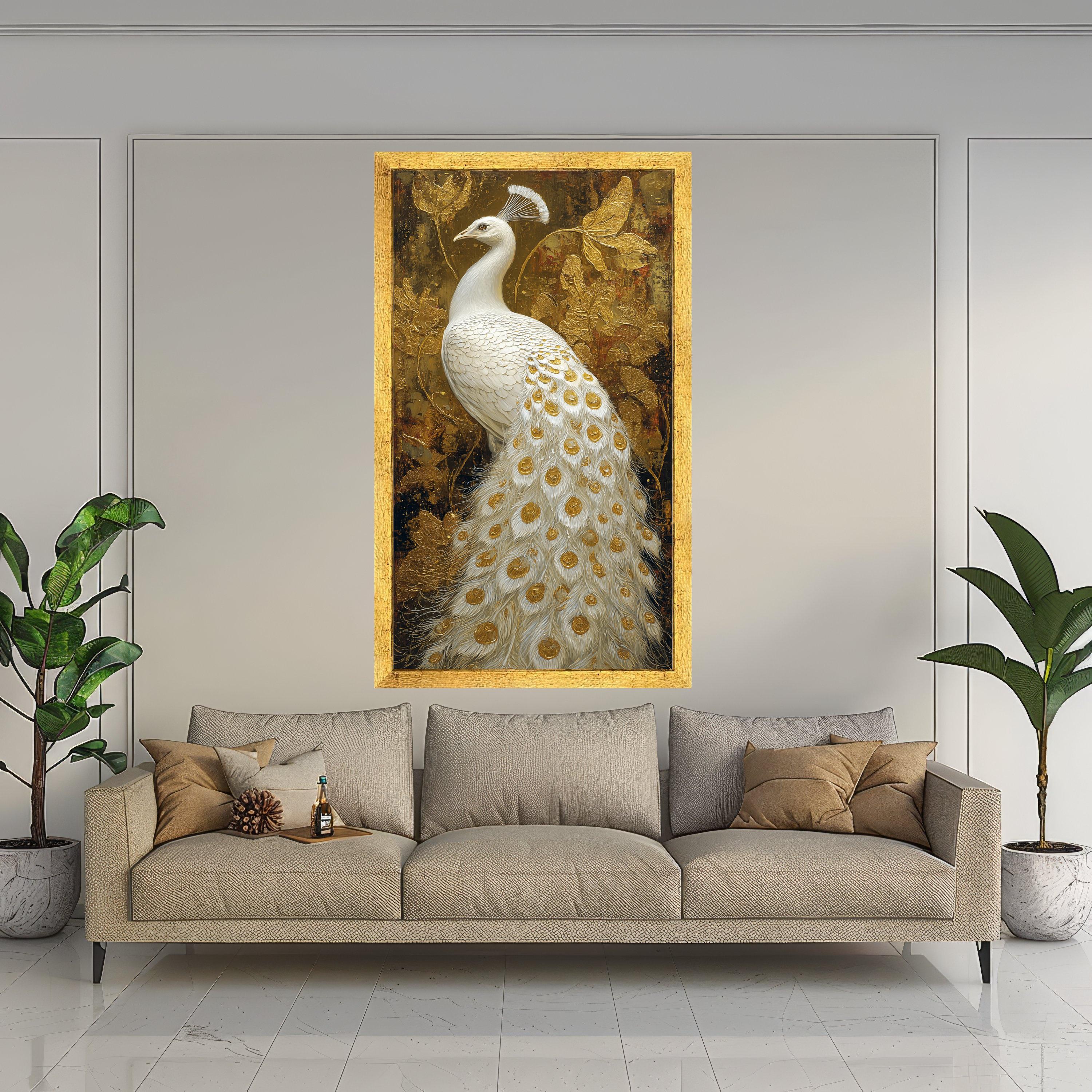 Elegant White Peacock Canvas Wall Art, Golden Feather Detail, Luxury Bird Painting, Nature Canvas, Ornate Home Decoration