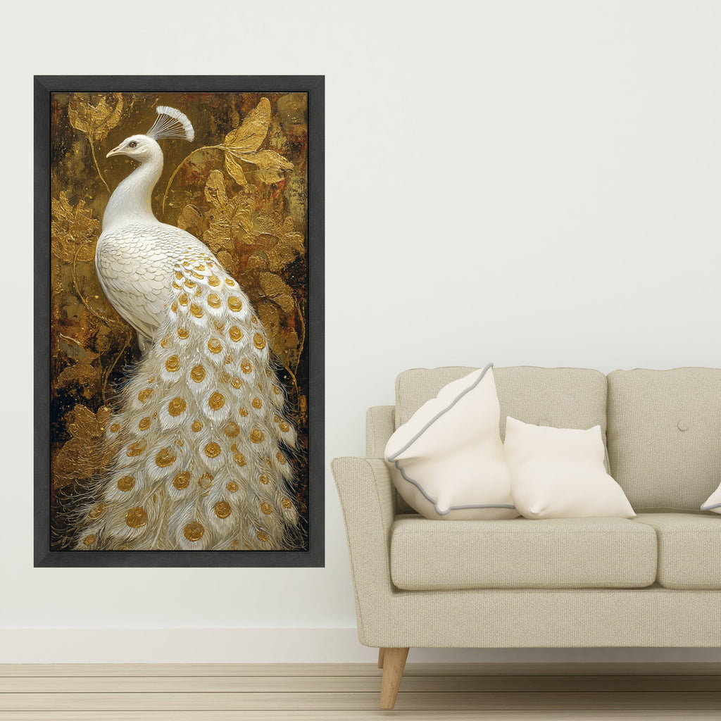 Elegant White Peacock Canvas Wall Art, Golden Feather Detail, Luxury Bird Painting, Nature Canvas, Ornate Home Decoration