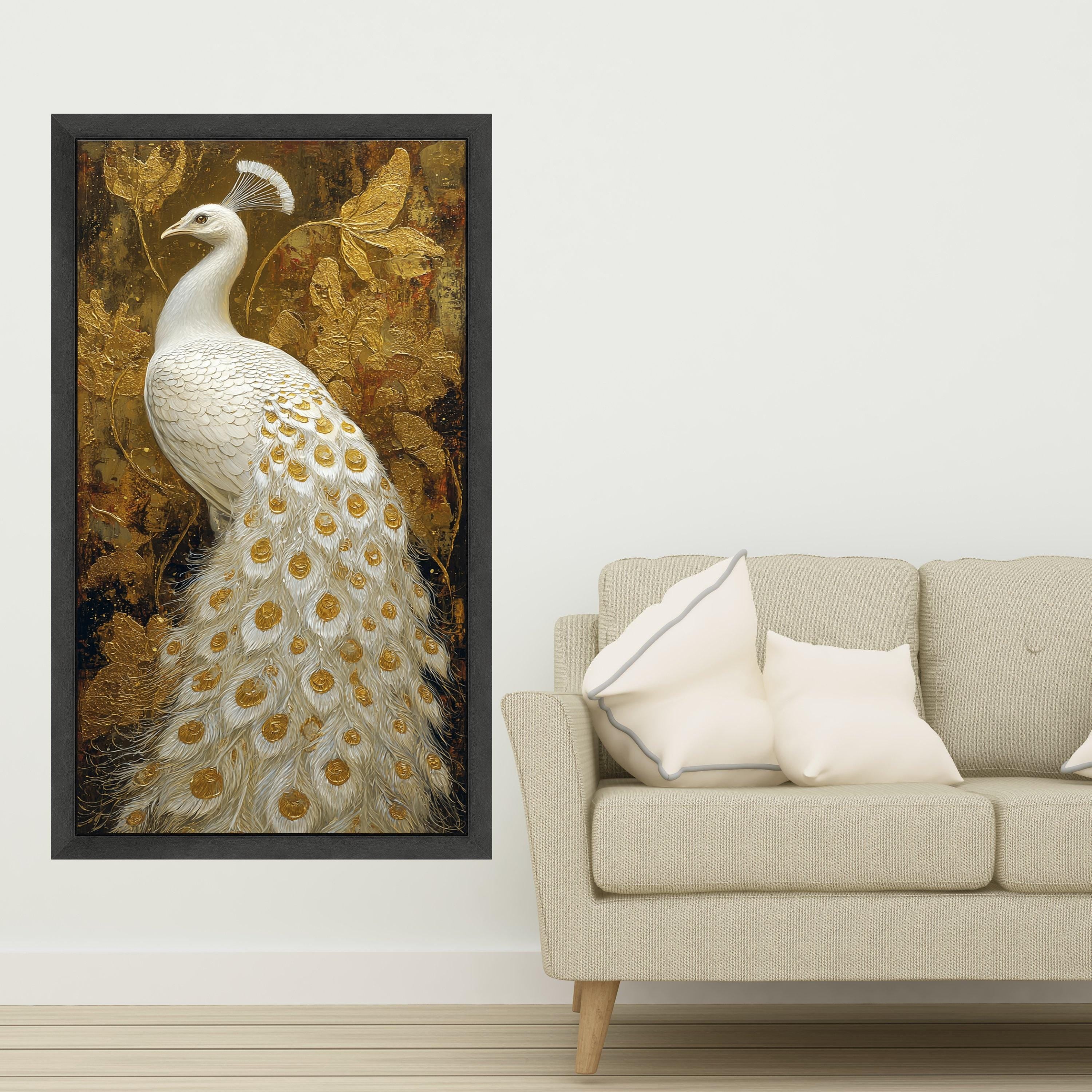 Elegant White Peacock Canvas Wall Art, Golden Feather Detail, Luxury Bird Painting, Nature Canvas, Ornate Home Decoration