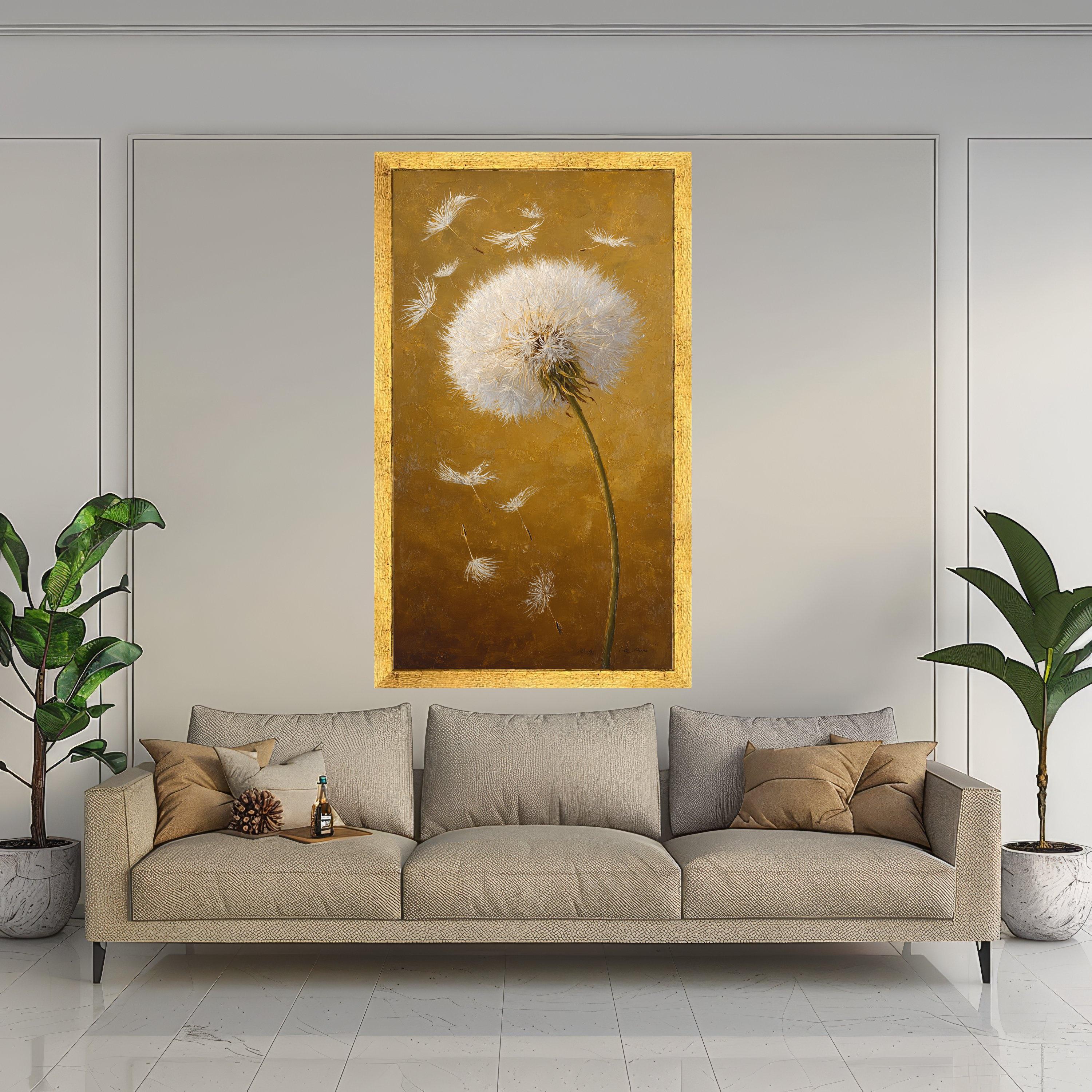White Dandelion Seeds Canvas Wall Art, Modern Floral Painting, Nature Botanical Artwork, Yellow Background, Home Decoration