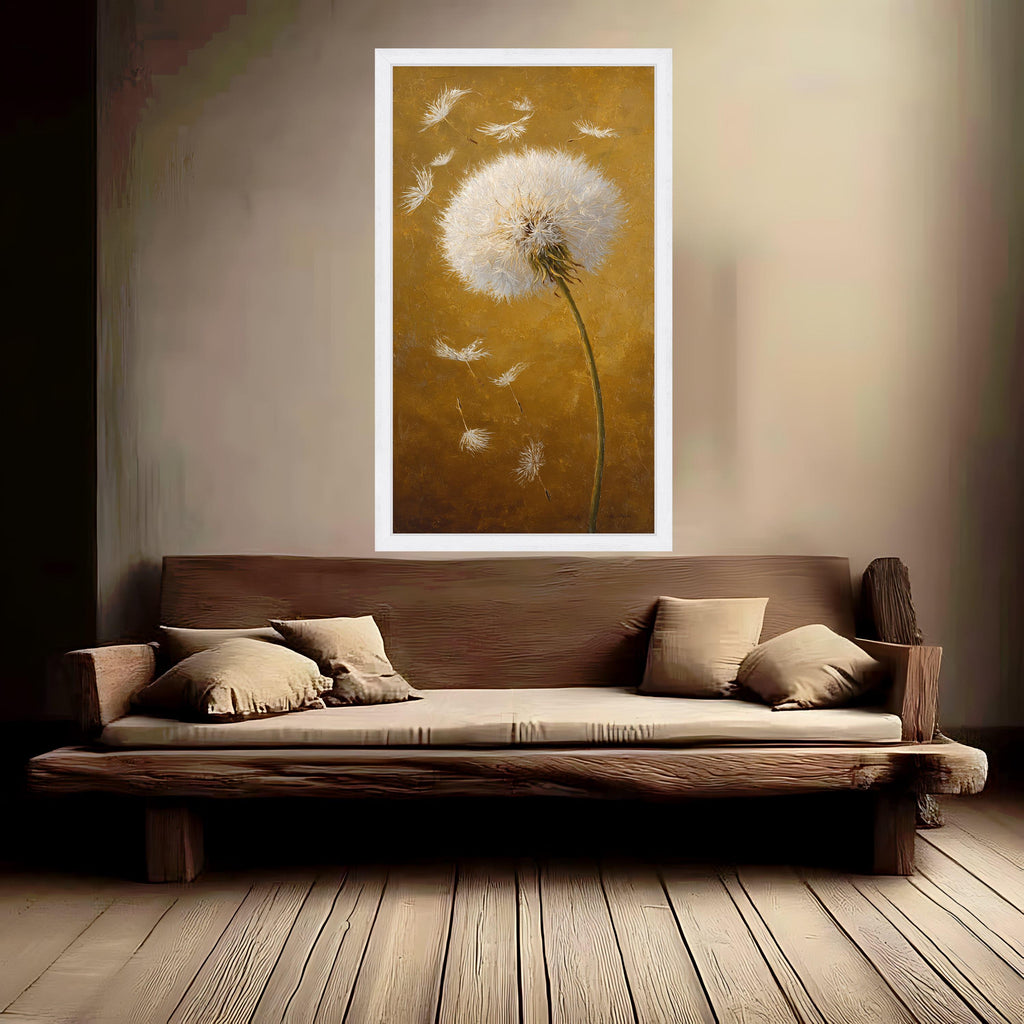 White Dandelion Seeds Canvas Wall Art, Modern Floral Painting, Nature Botanical Artwork, Yellow Background, Home Decoration