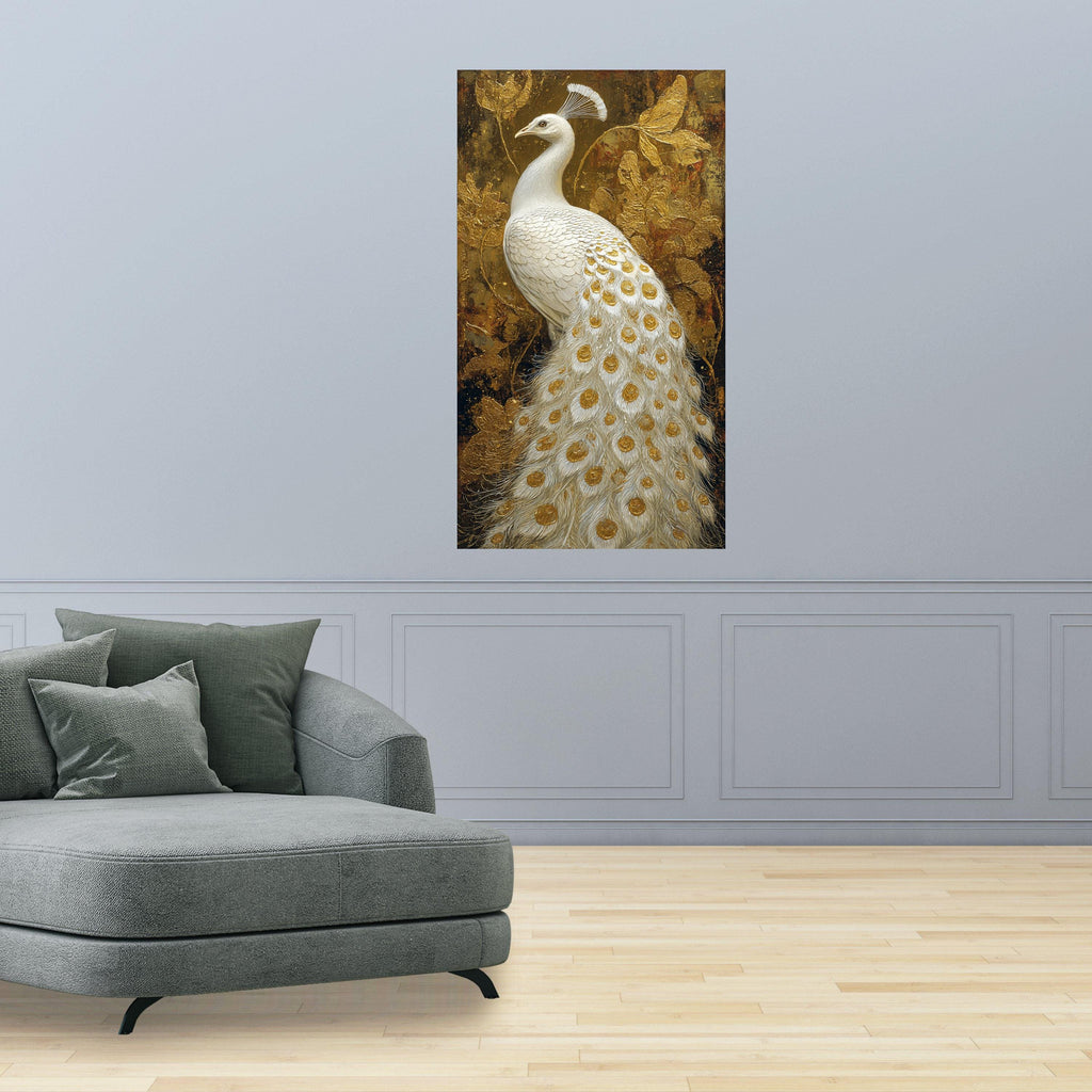 Elegant White Peacock Canvas Wall Art, Golden Feather Detail, Luxury Bird Painting, Nature Canvas, Ornate Home Decoration