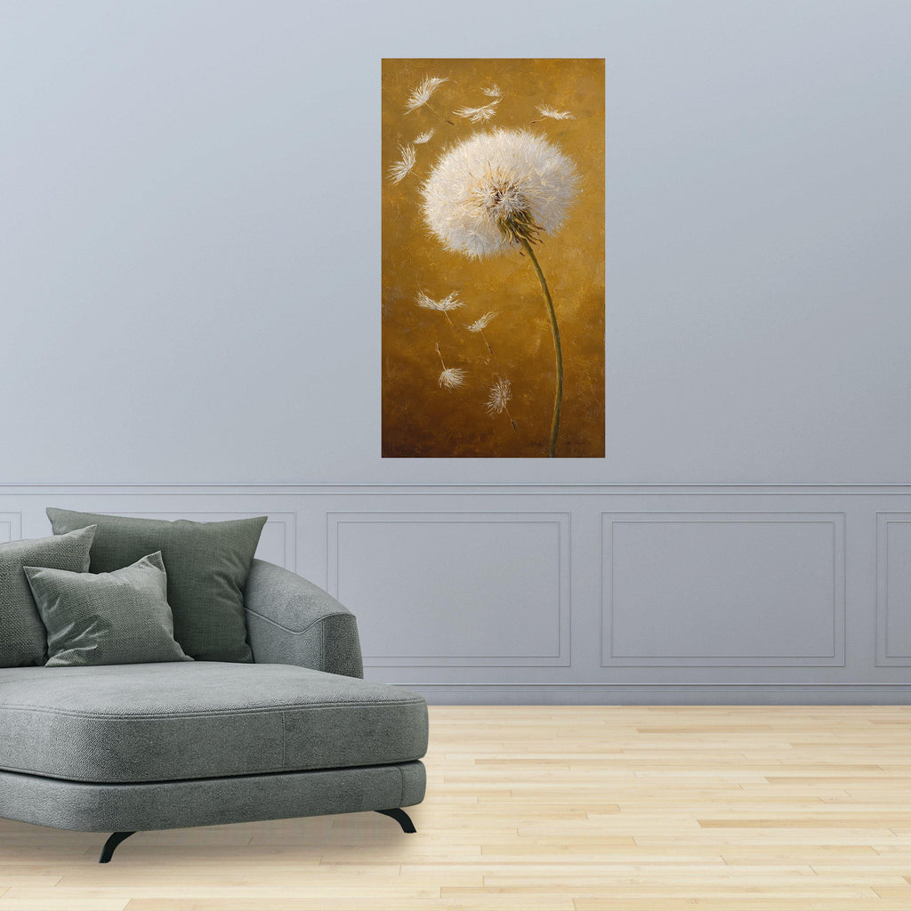 White Dandelion Seeds Canvas Wall Art, Modern Floral Painting, Nature Botanical Artwork, Yellow Background, Home Decoration