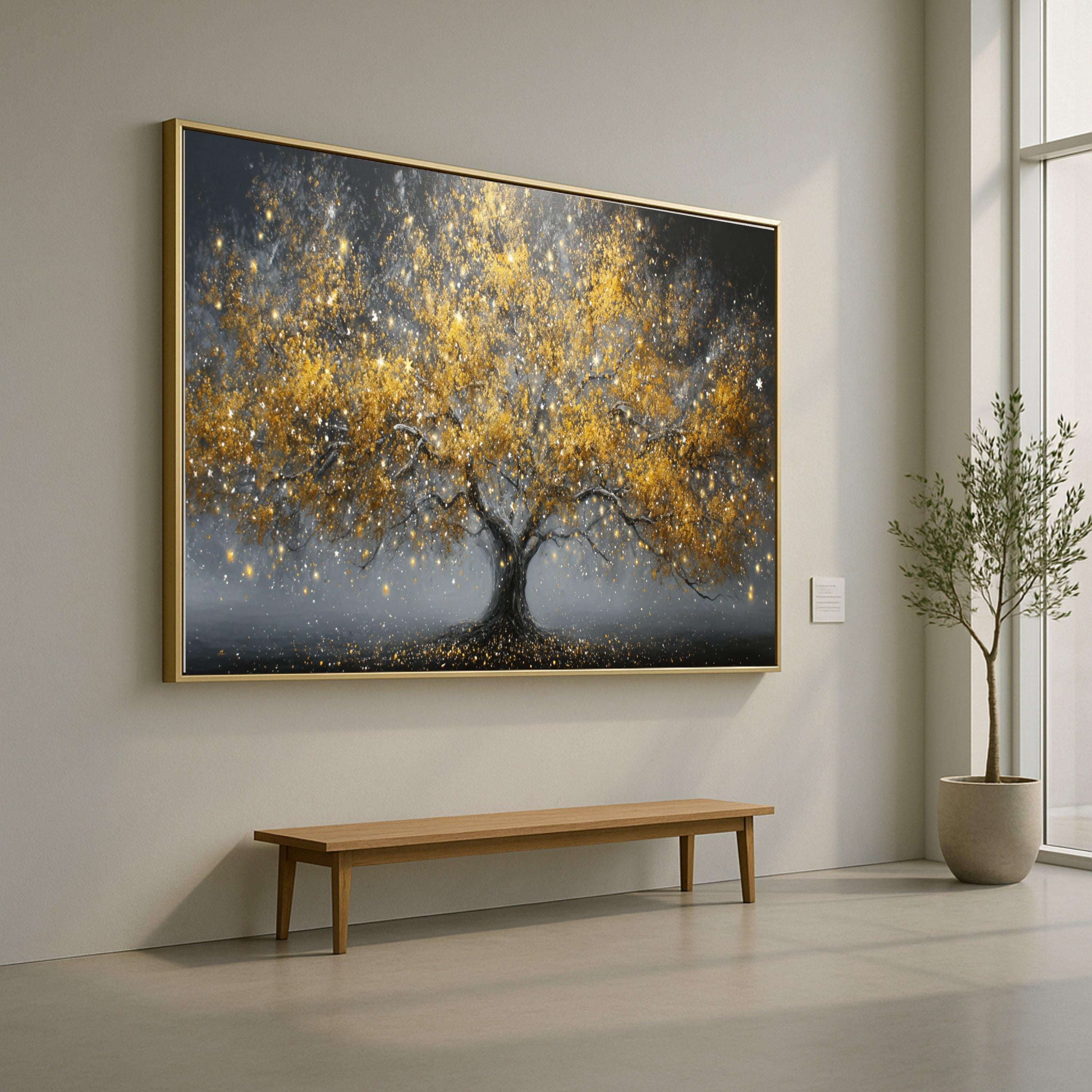 Golden Fantasy Tree Canvas, Abstract Nature Wall Art, Illuminated Leaves Canvas, Sparkling Tree Decoration, Modern Living Room Art