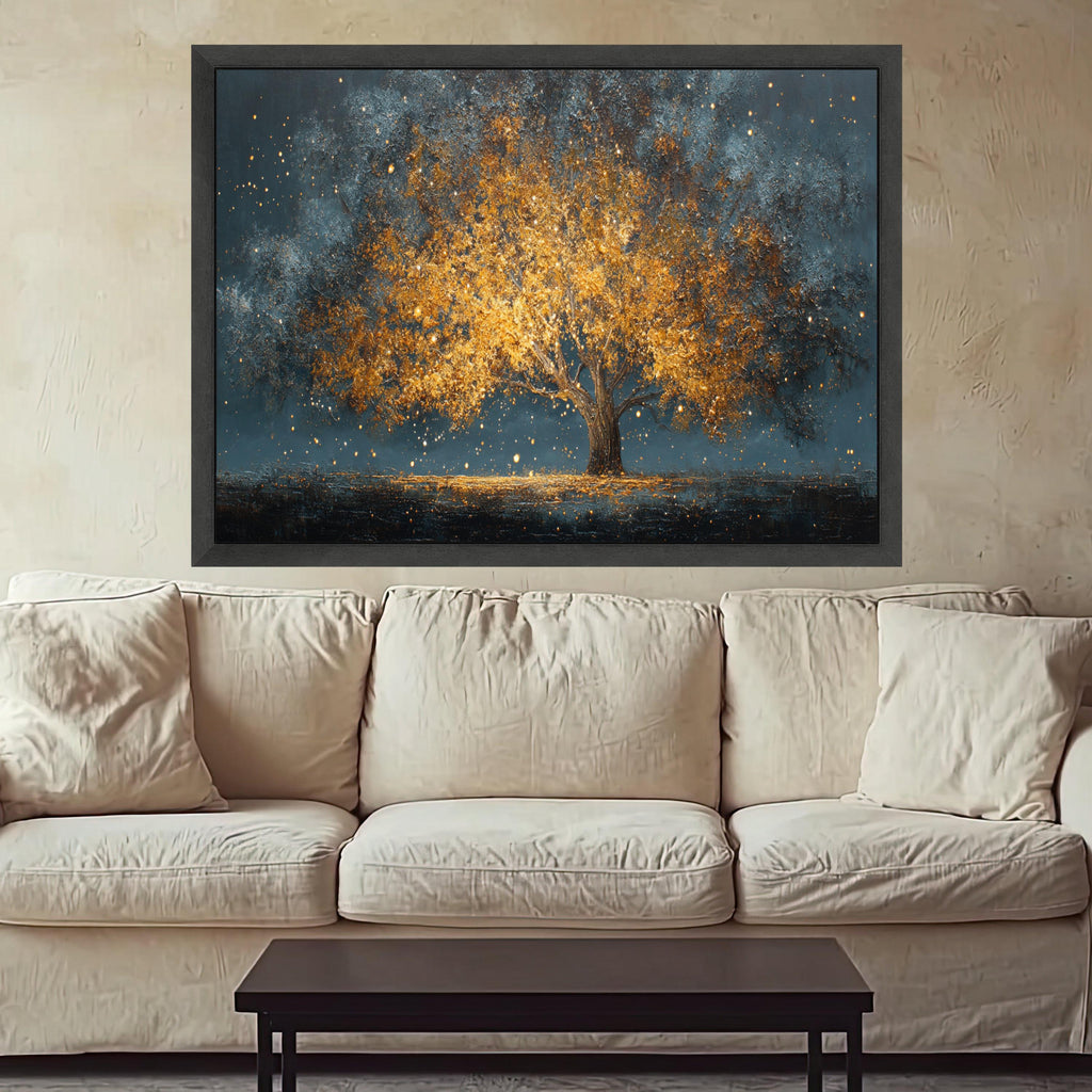 Golden Autumn Tree Canvas Wall Art, Illuminated Tree Landscape, Abstract Nature Scene, Warm Glow Wall Decor, Modern Home Decoration