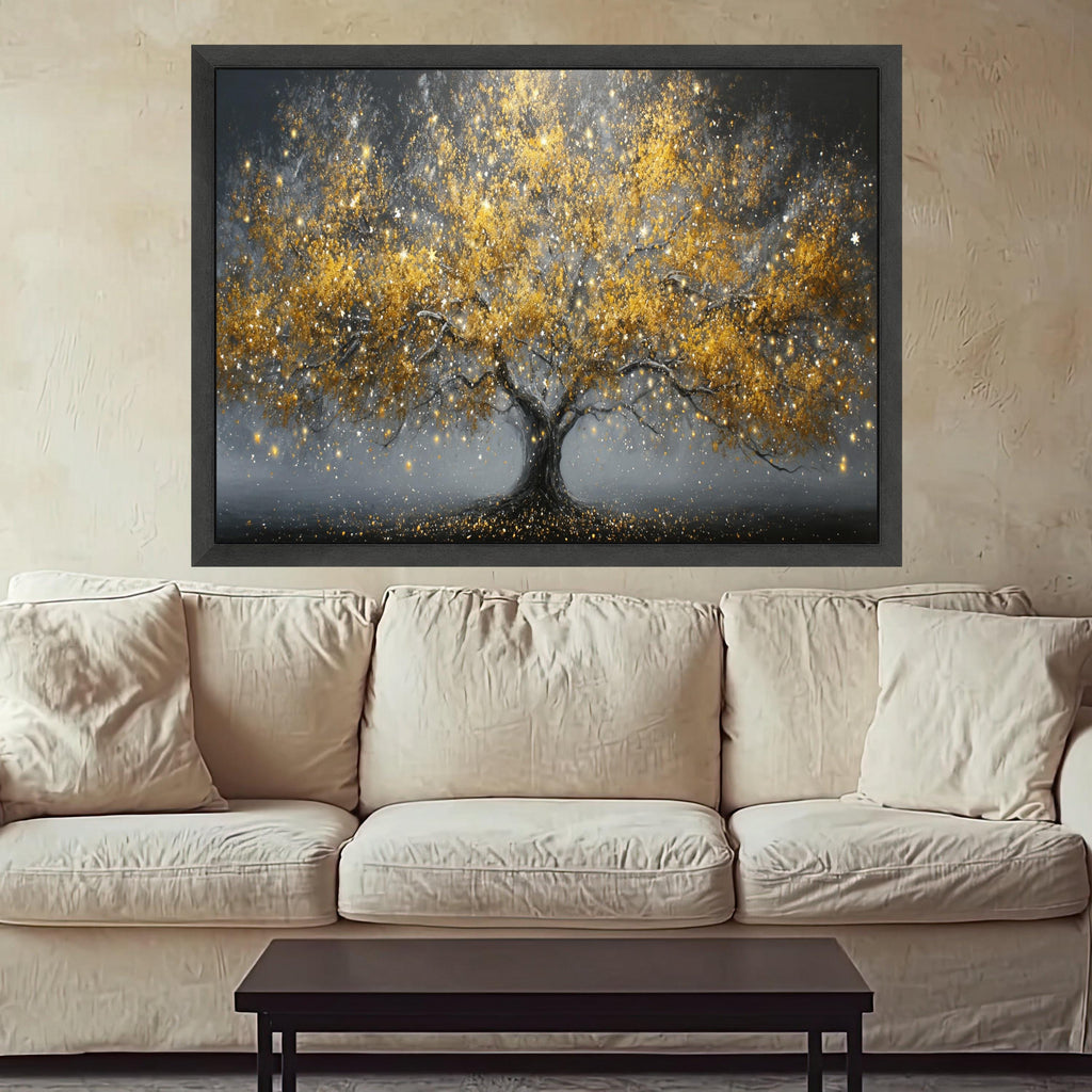 Golden Fantasy Tree Canvas, Abstract Nature Wall Art, Illuminated Leaves Canvas, Sparkling Tree Decoration, Modern Living Room Art