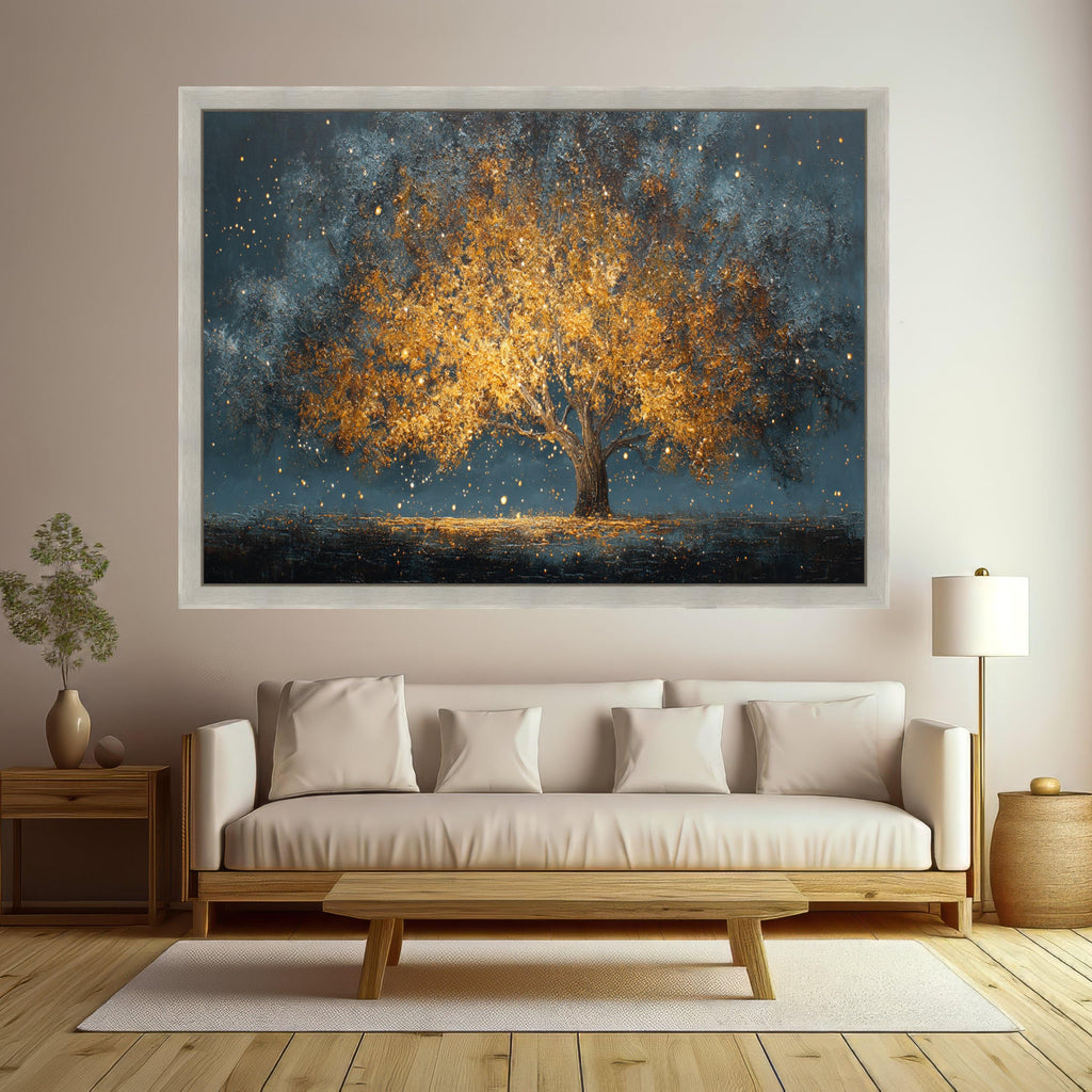 Golden Autumn Tree Canvas Wall Art, Illuminated Tree Landscape, Abstract Nature Scene, Warm Glow Wall Decor, Modern Home Decoration