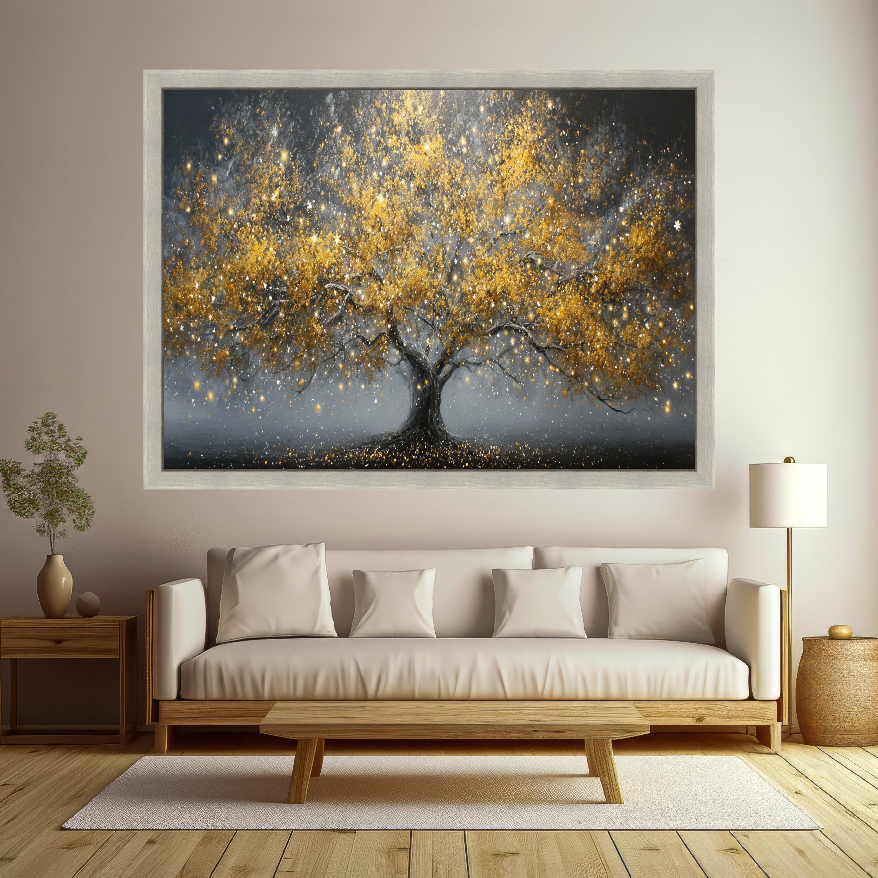 Golden Fantasy Tree Canvas, Abstract Nature Wall Art, Illuminated Leaves Canvas, Sparkling Tree Decoration, Modern Living Room Art