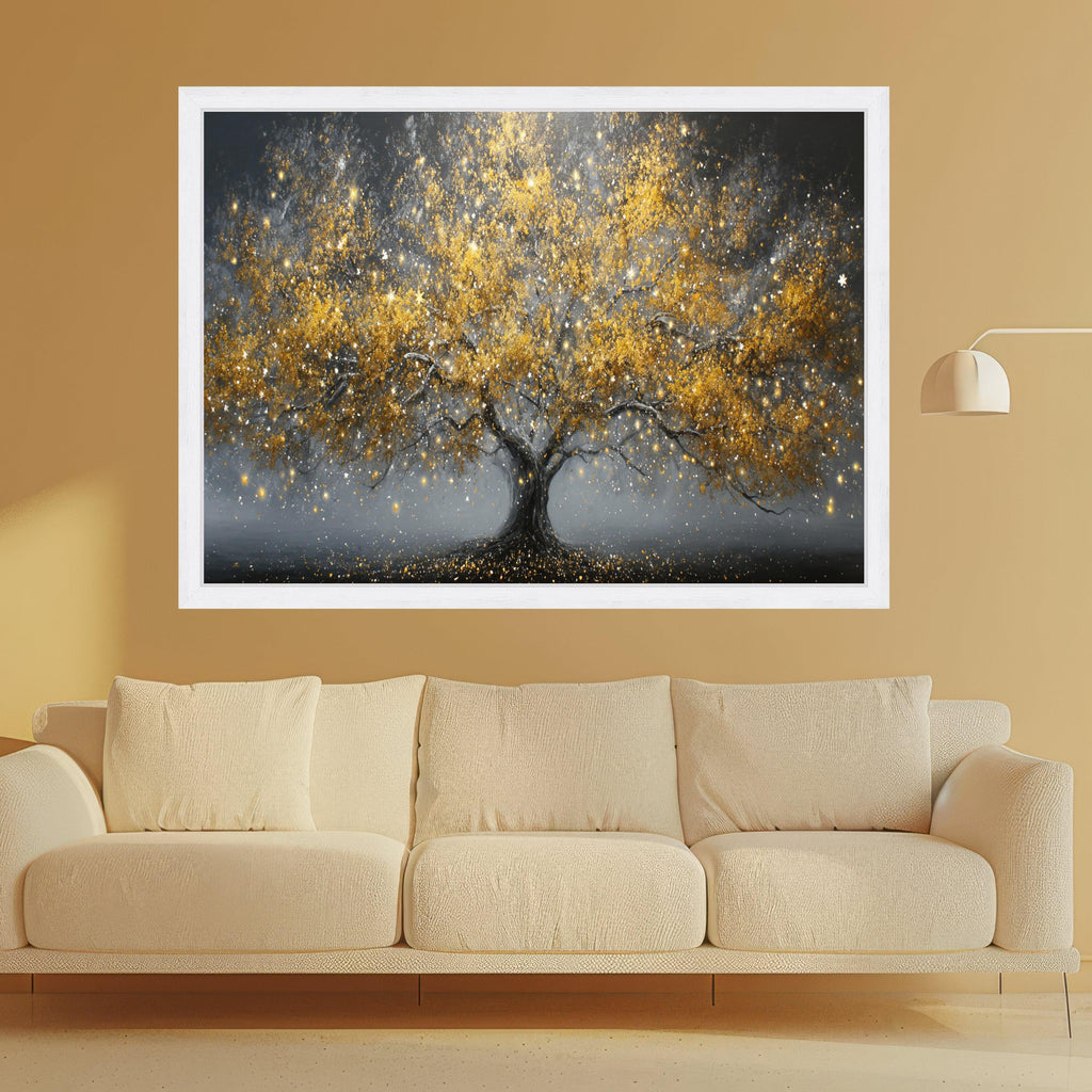 Golden Fantasy Tree Canvas, Abstract Nature Wall Art, Illuminated Leaves Canvas, Sparkling Tree Decoration, Modern Living Room Art